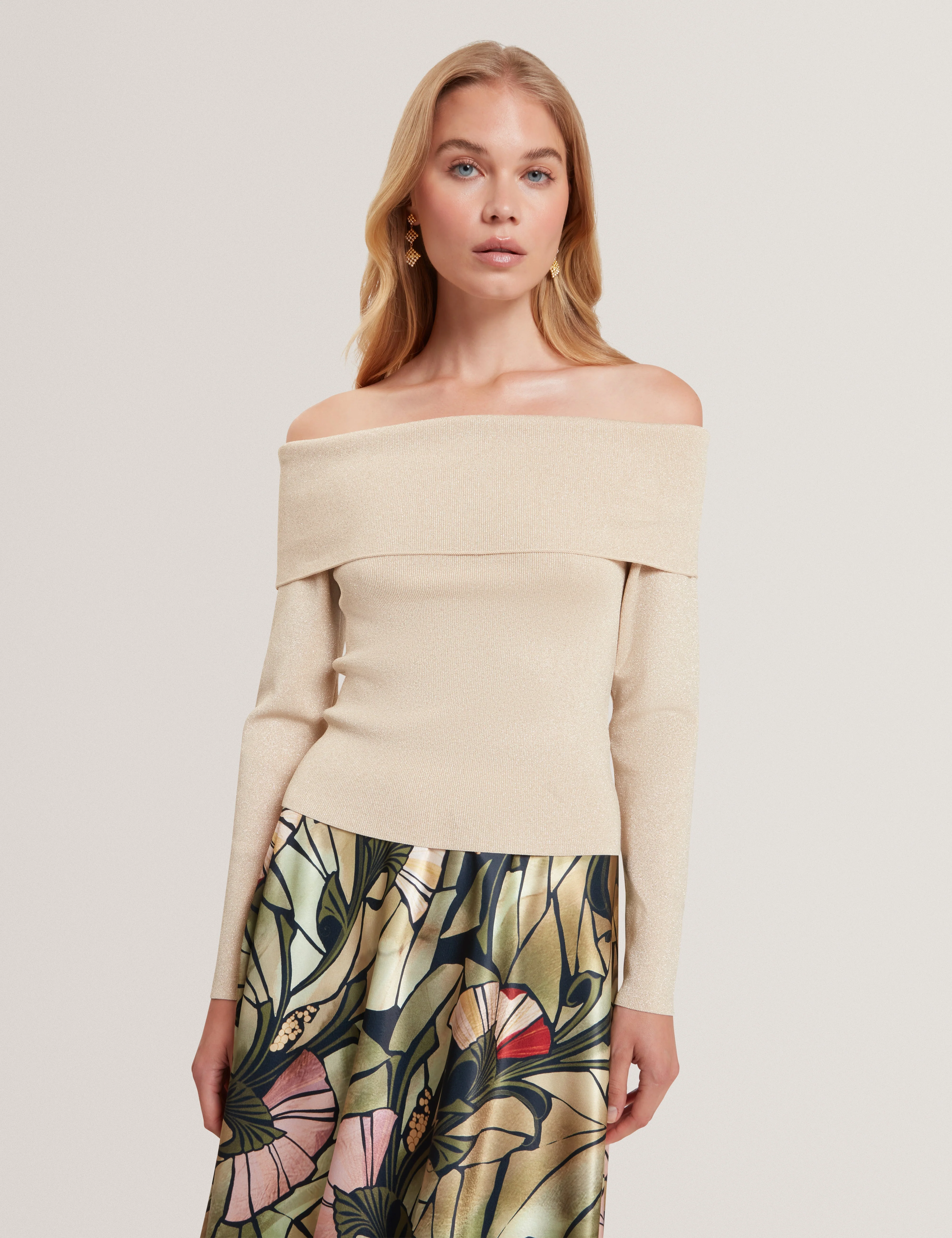 Laycii Off The Shoulder Metallic Knit Top Natural