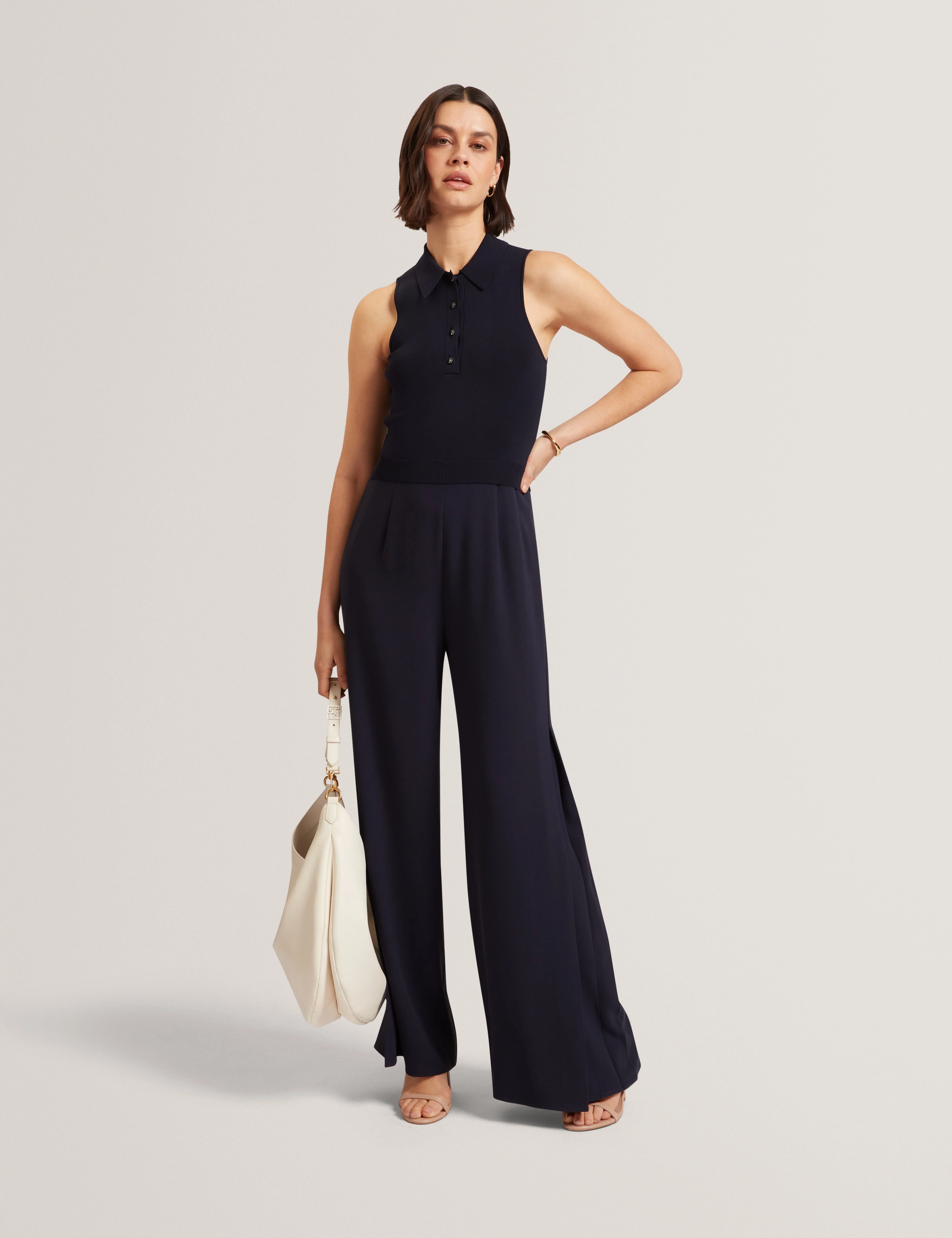 Lecksy Knitted Polo Mockable Jumpsuit Navy