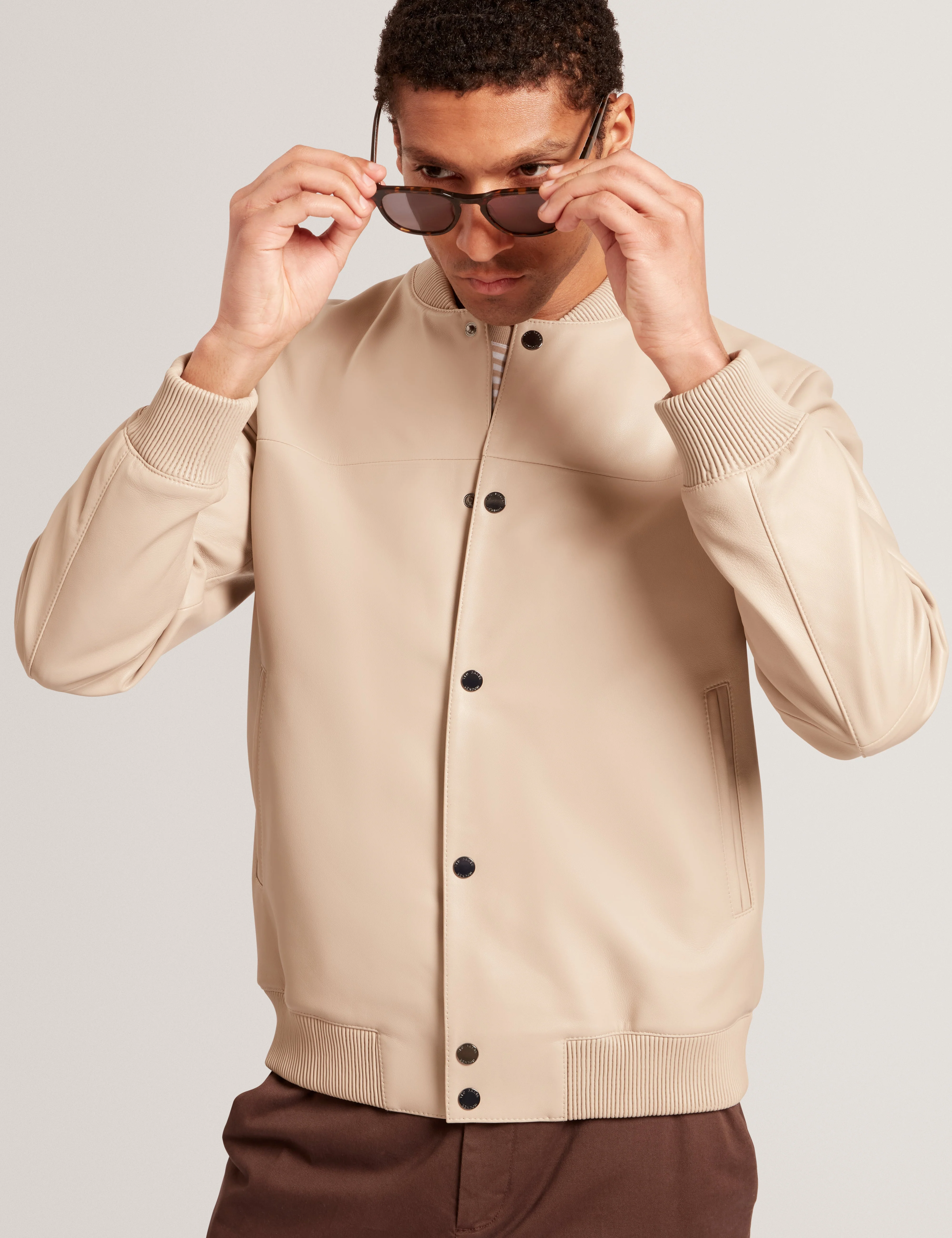 Leeams Leather Varsity Jacket Taupe - Image 7