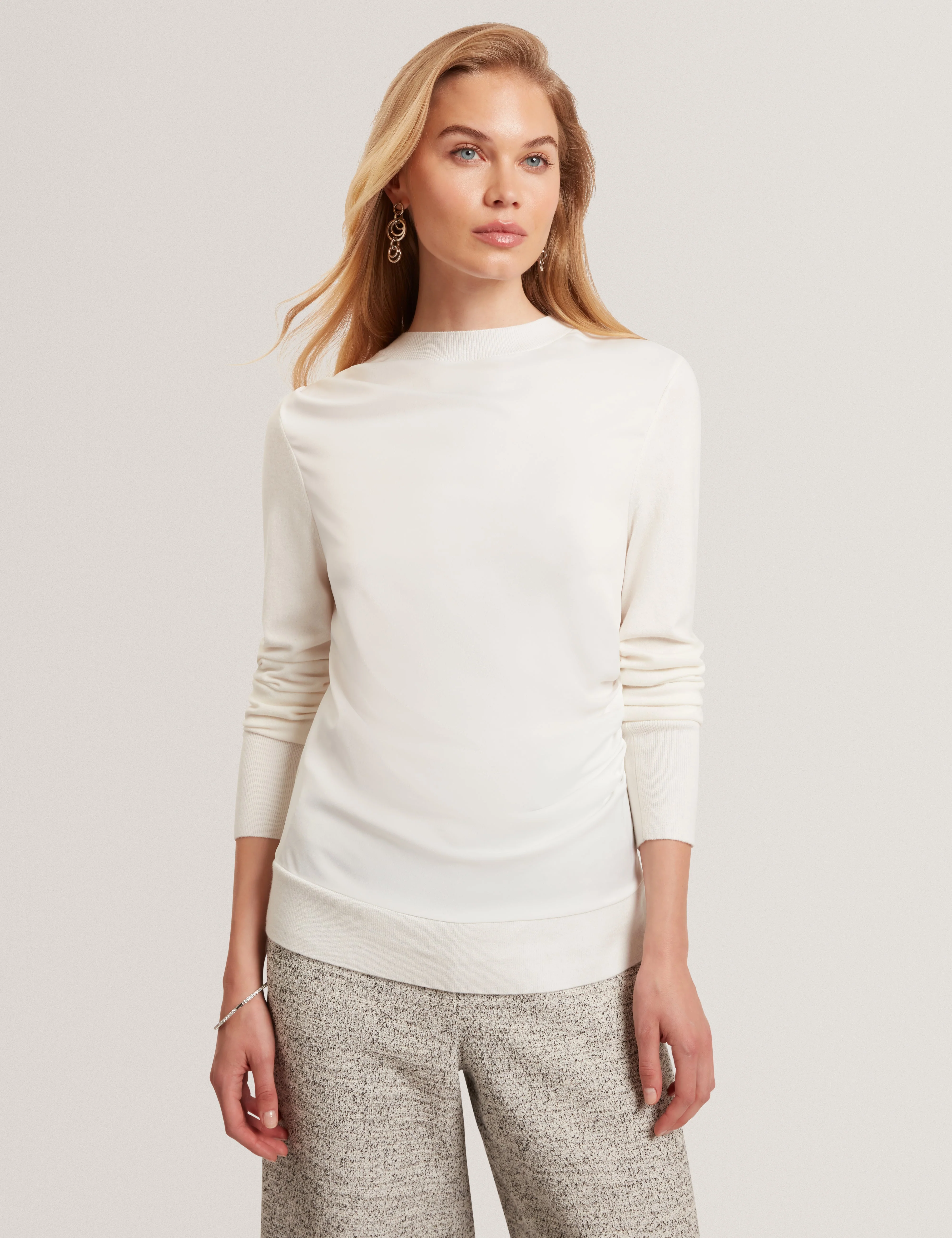 Leslay Draped Front Knitted Long Sleeve Top Ivory