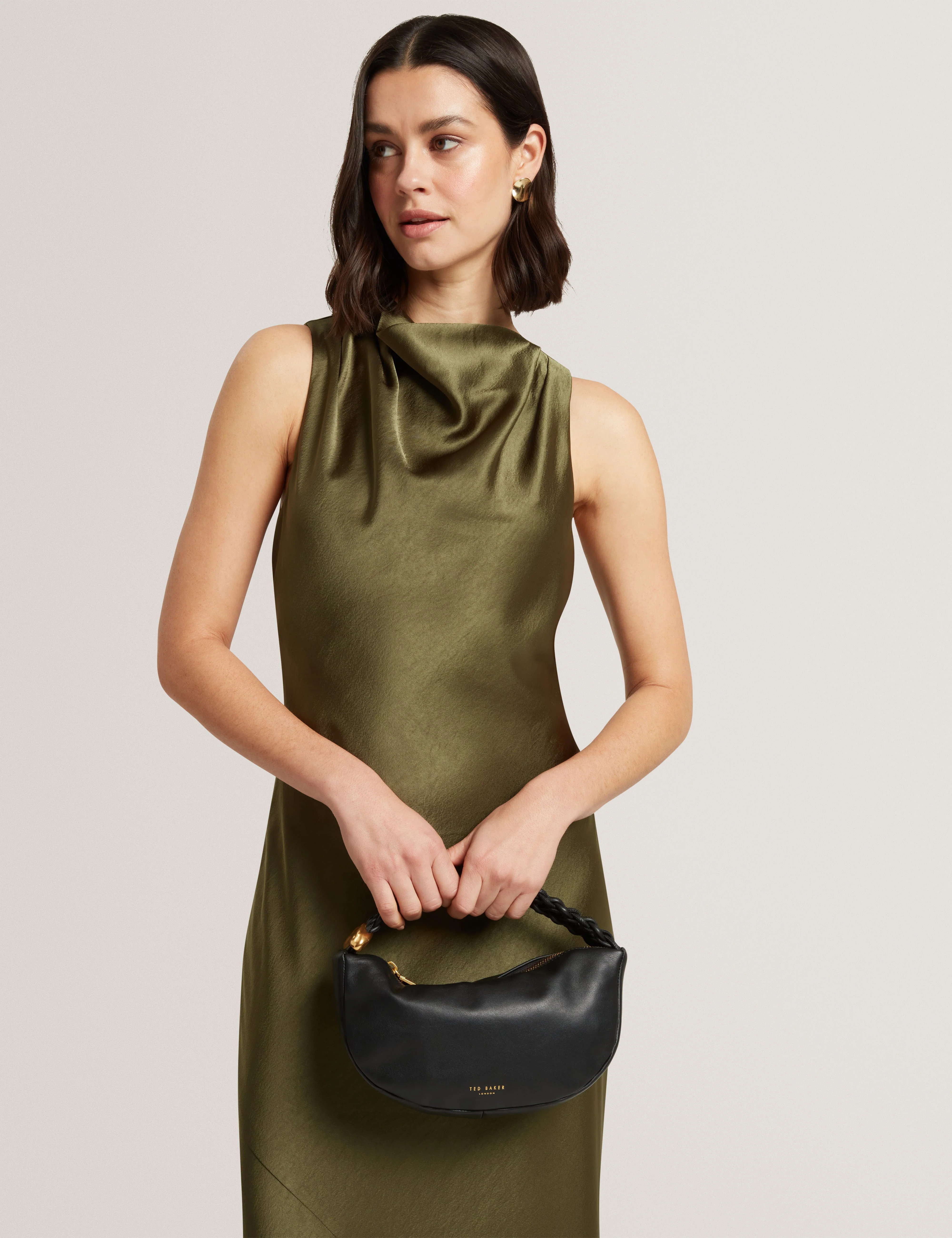 Liimaa Drape Neck Midi Dress Khaki - Image 2