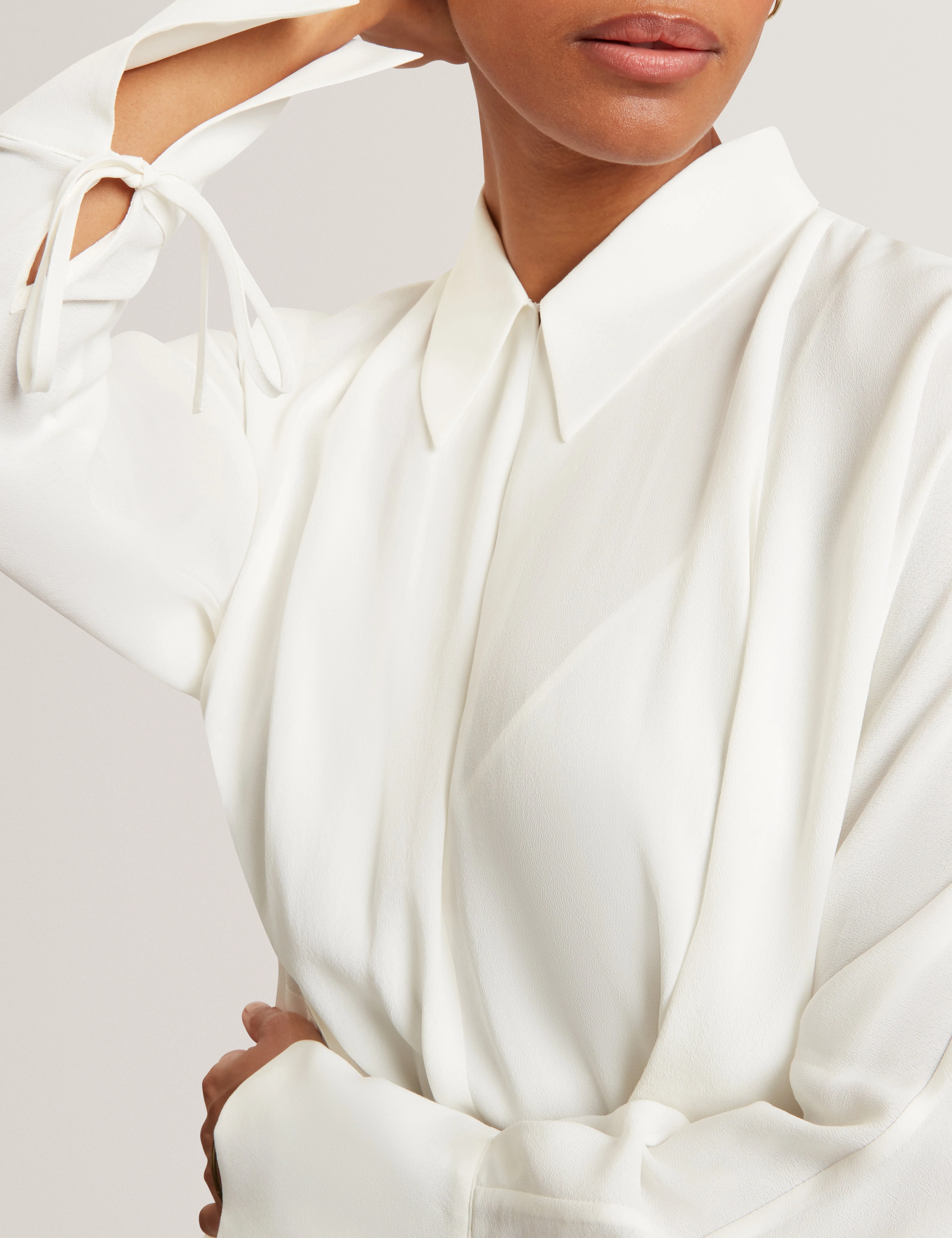 Liossa Tie Detail Long Sleeve Shirt Ivory - Image 4