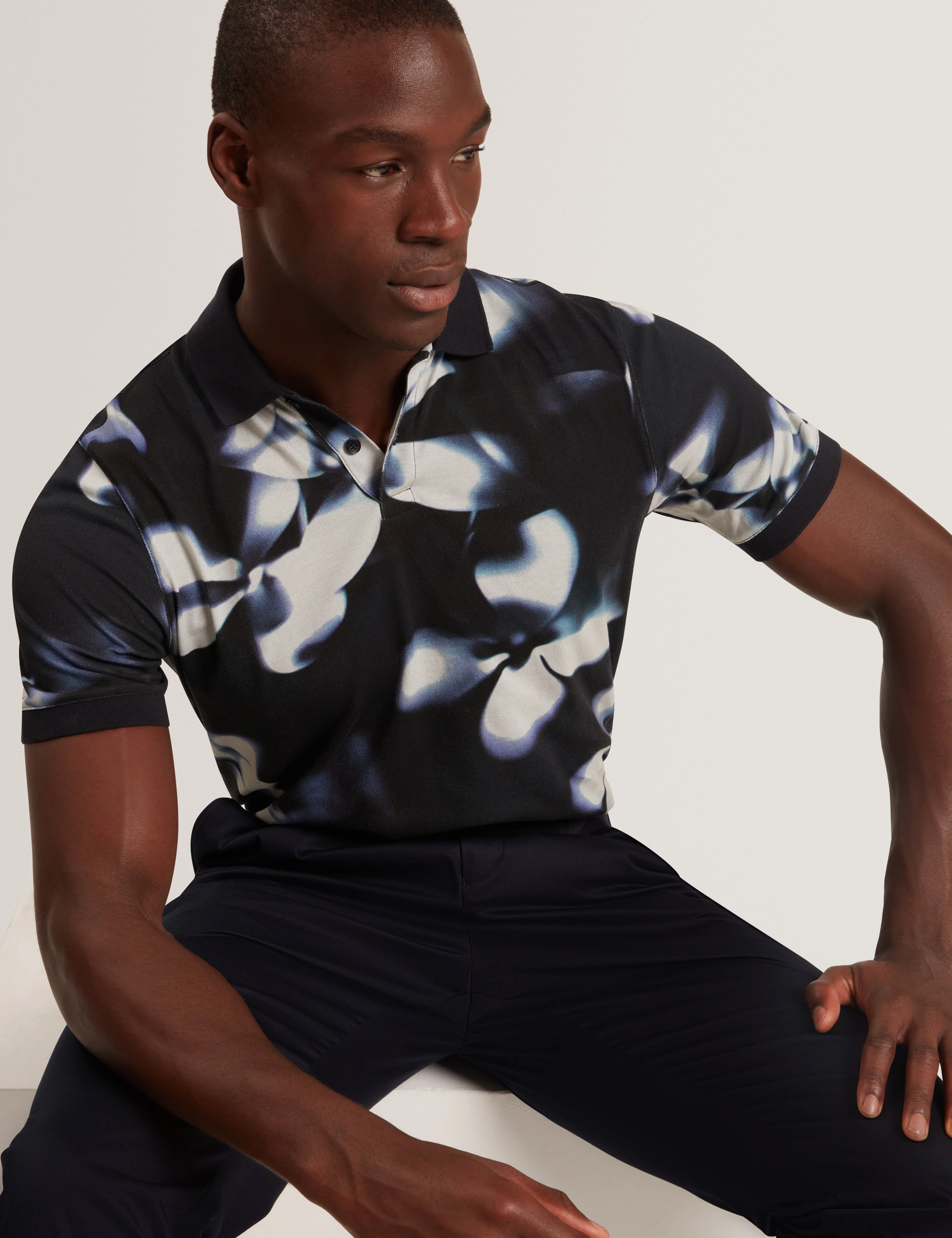 Longbri Short Sleeve Floral Print Polo Navy - Image 6