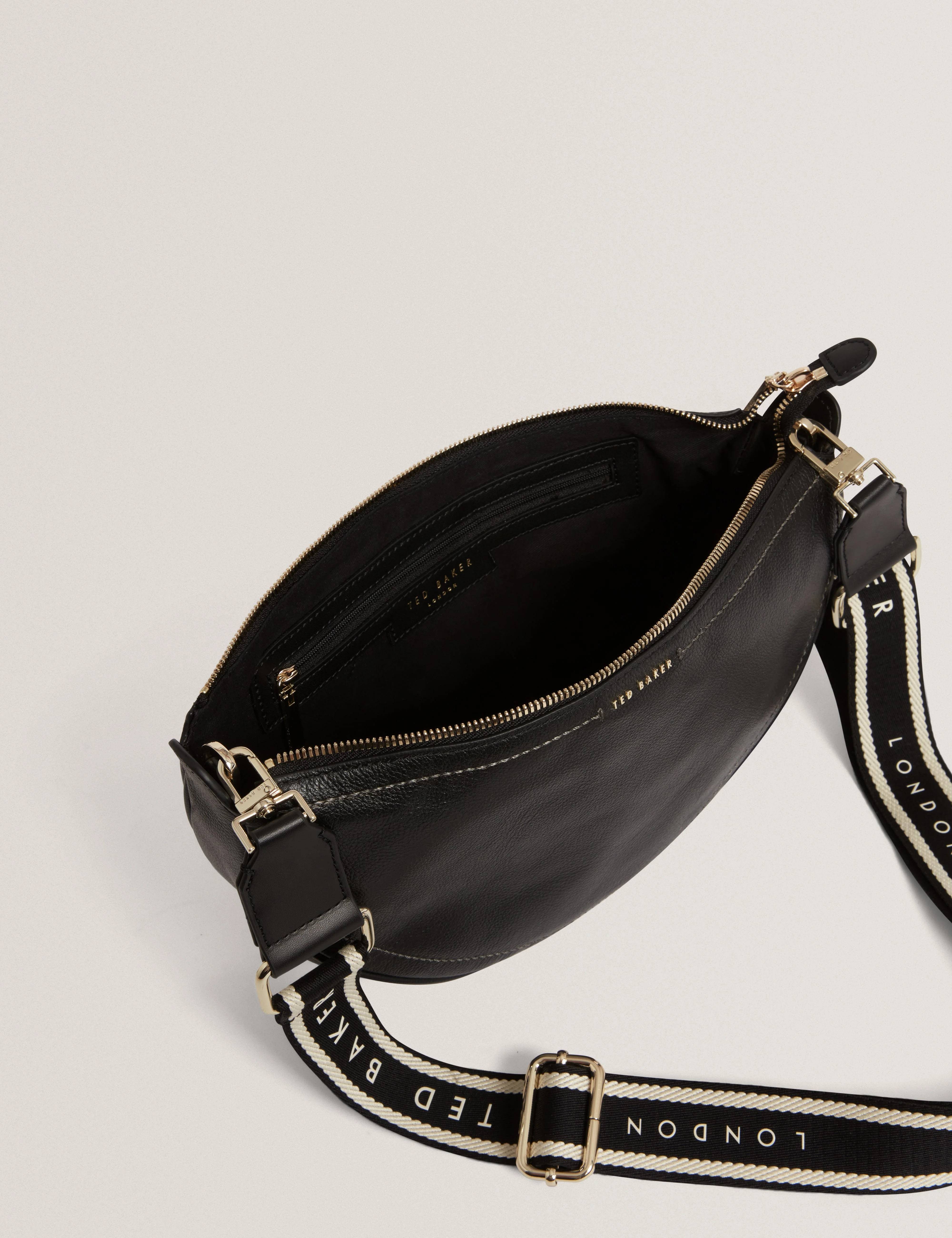 Lorreen Webbing Leather Half Moon Crossbody Bag Black - Image 4
