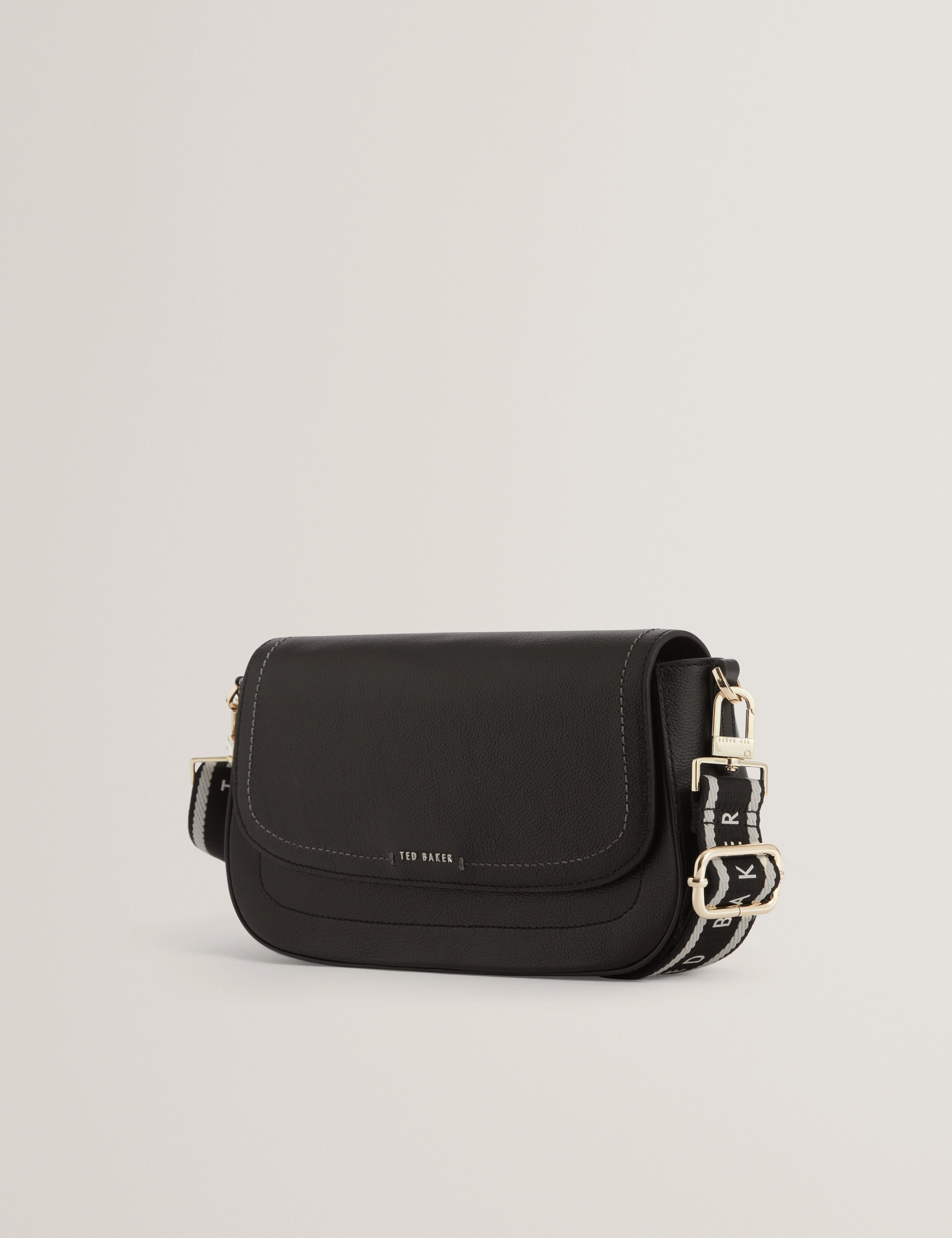 Louiize Webbing Leather Flapover Crossbody Bag Black - Image 3