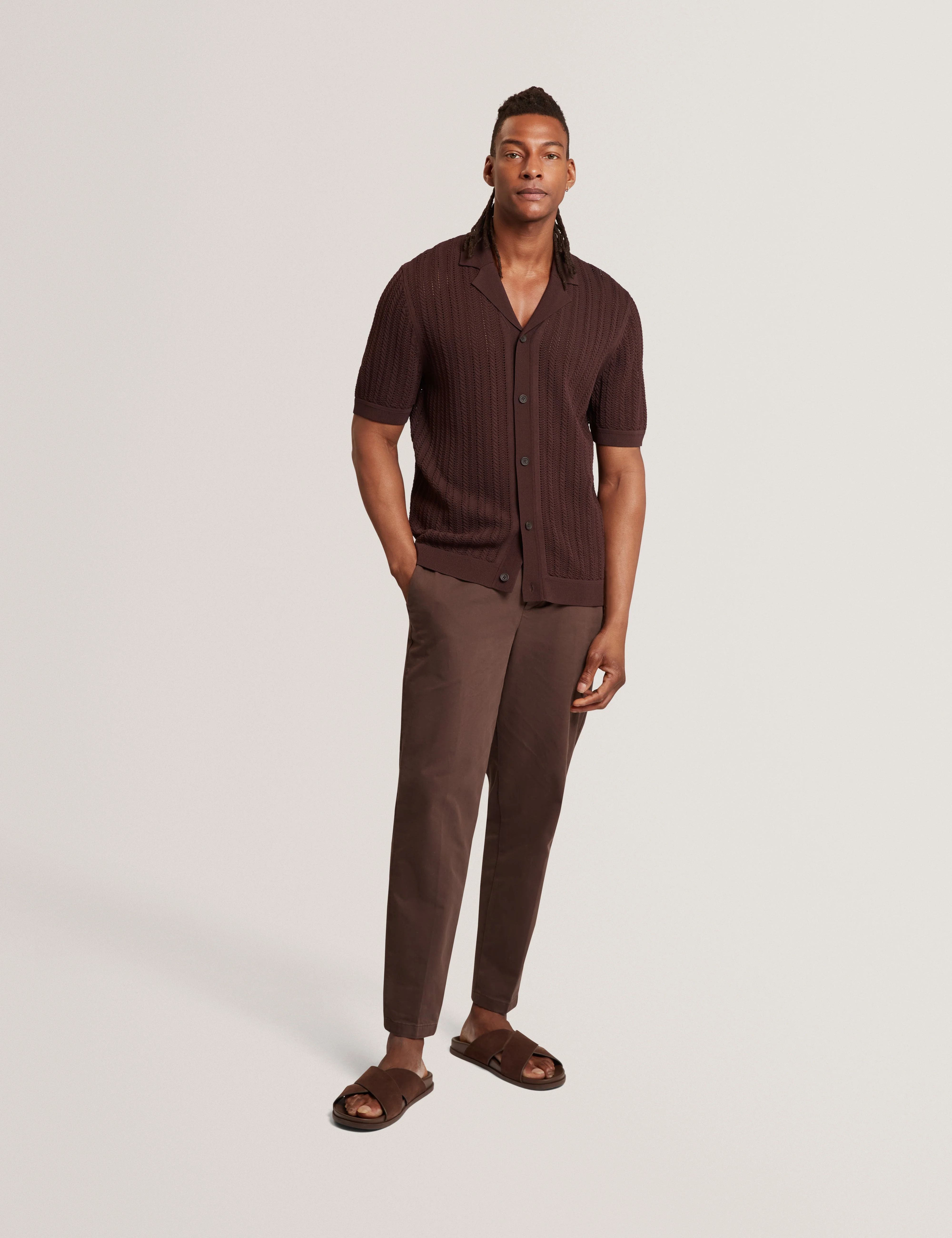 Lound Ss Stitch Interest Button Through Polo Brown - Image 2