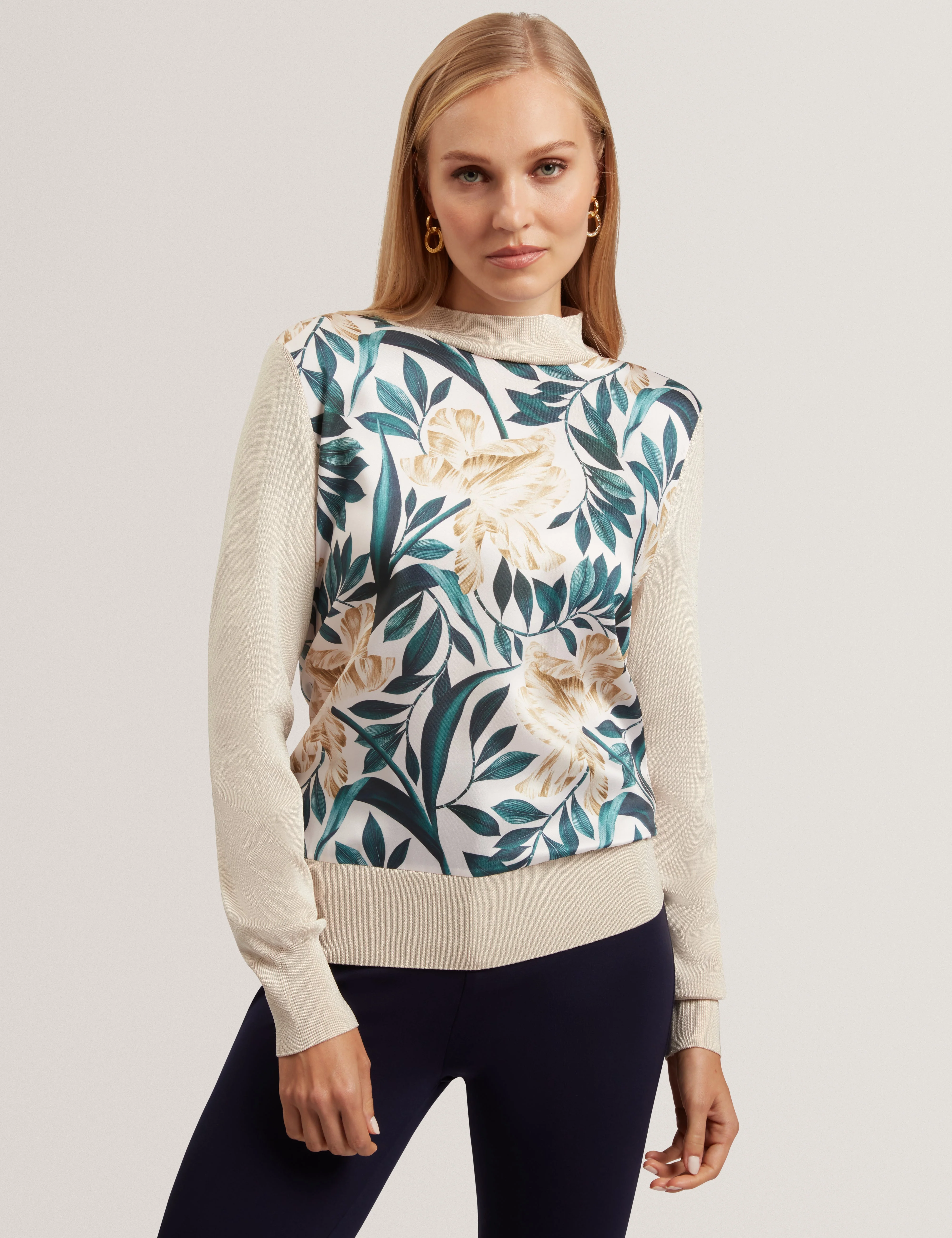 Merrni Printed Woven Front Knit Top Ivory