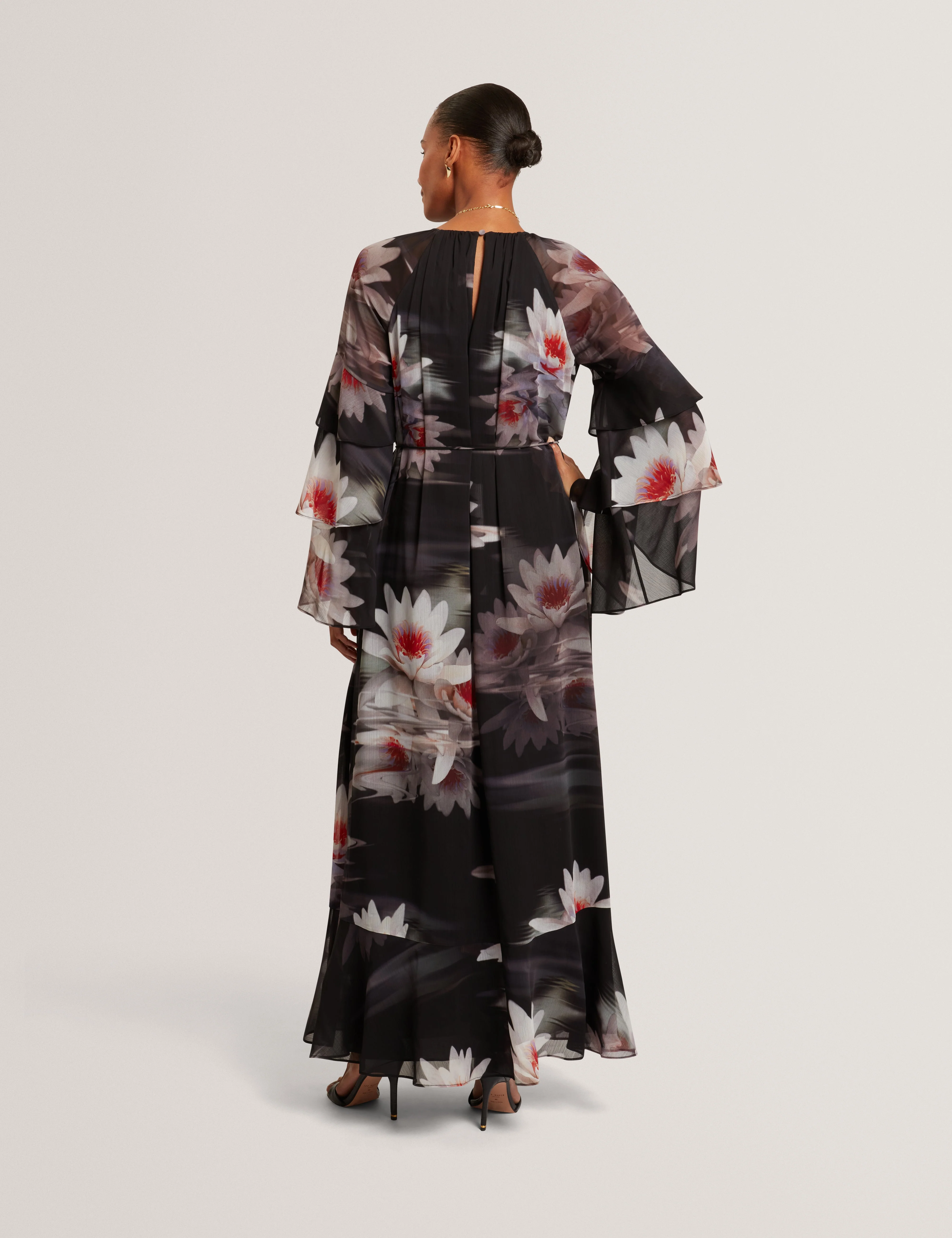 Moliia Ruffled Long Sleeve Printed Maxi Dress Black - Image 5