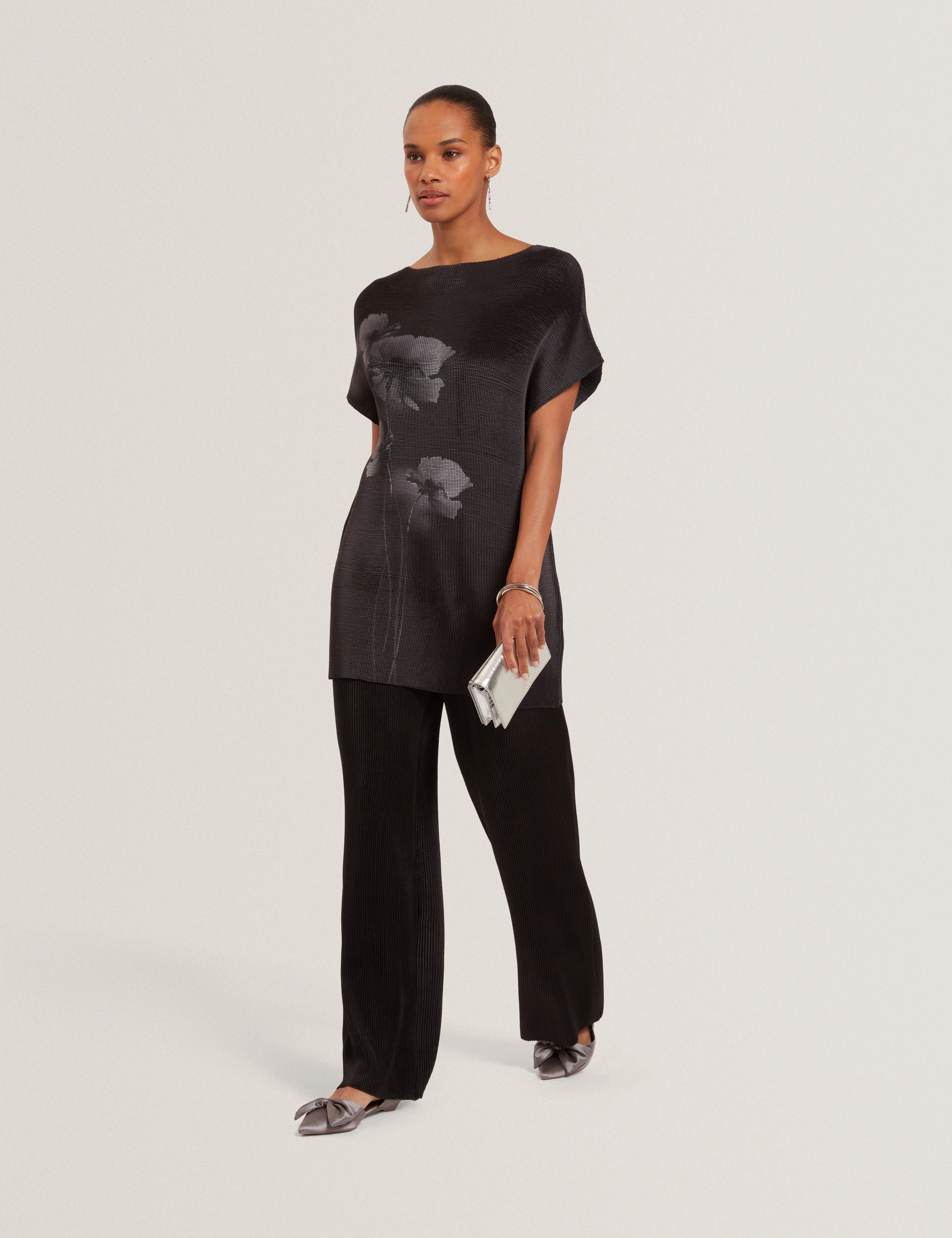 Narela Printed Wide Leg Plisse Trouser Black