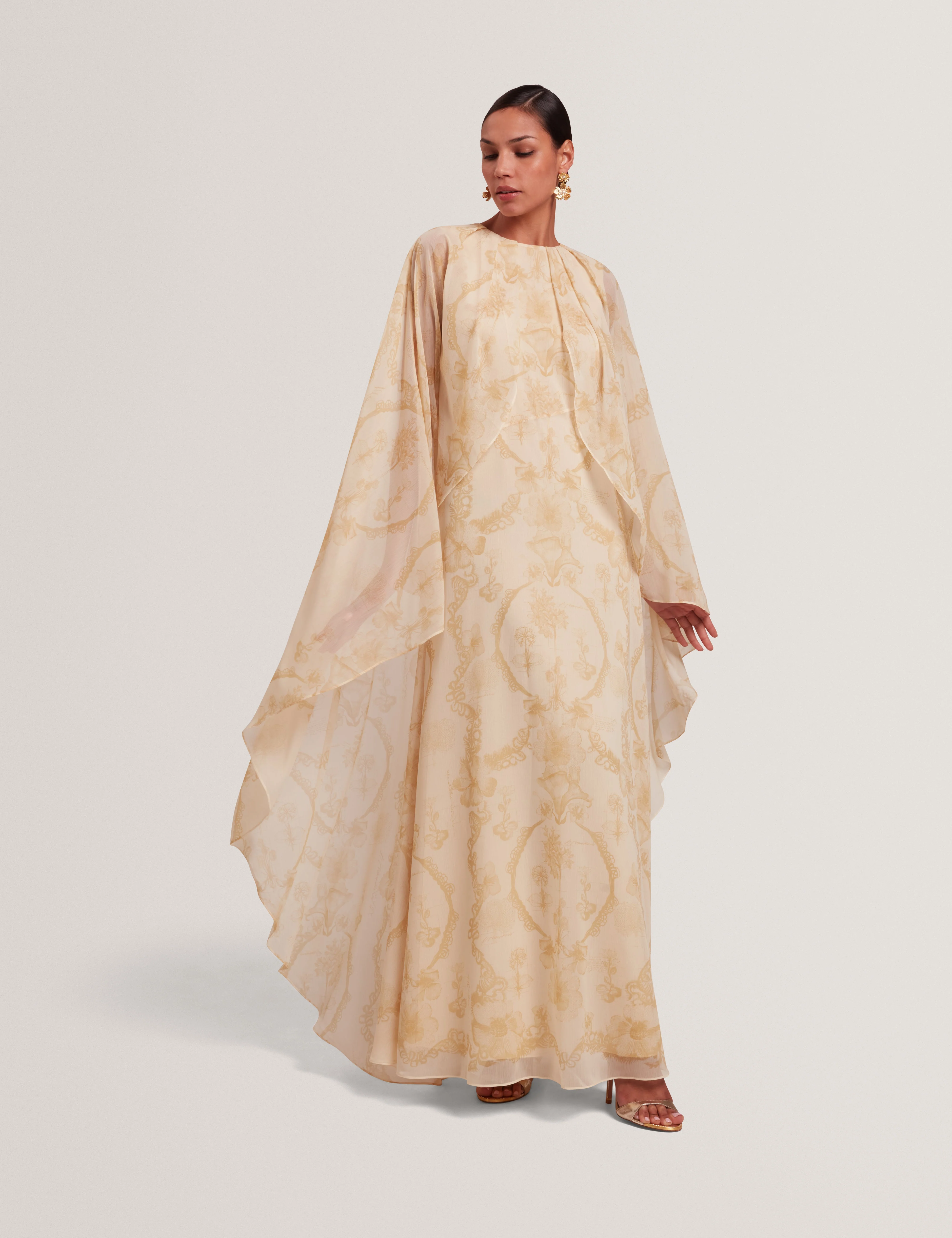 Nieva Waterfall Cape Detail Maxi Dress Lt-Yellow