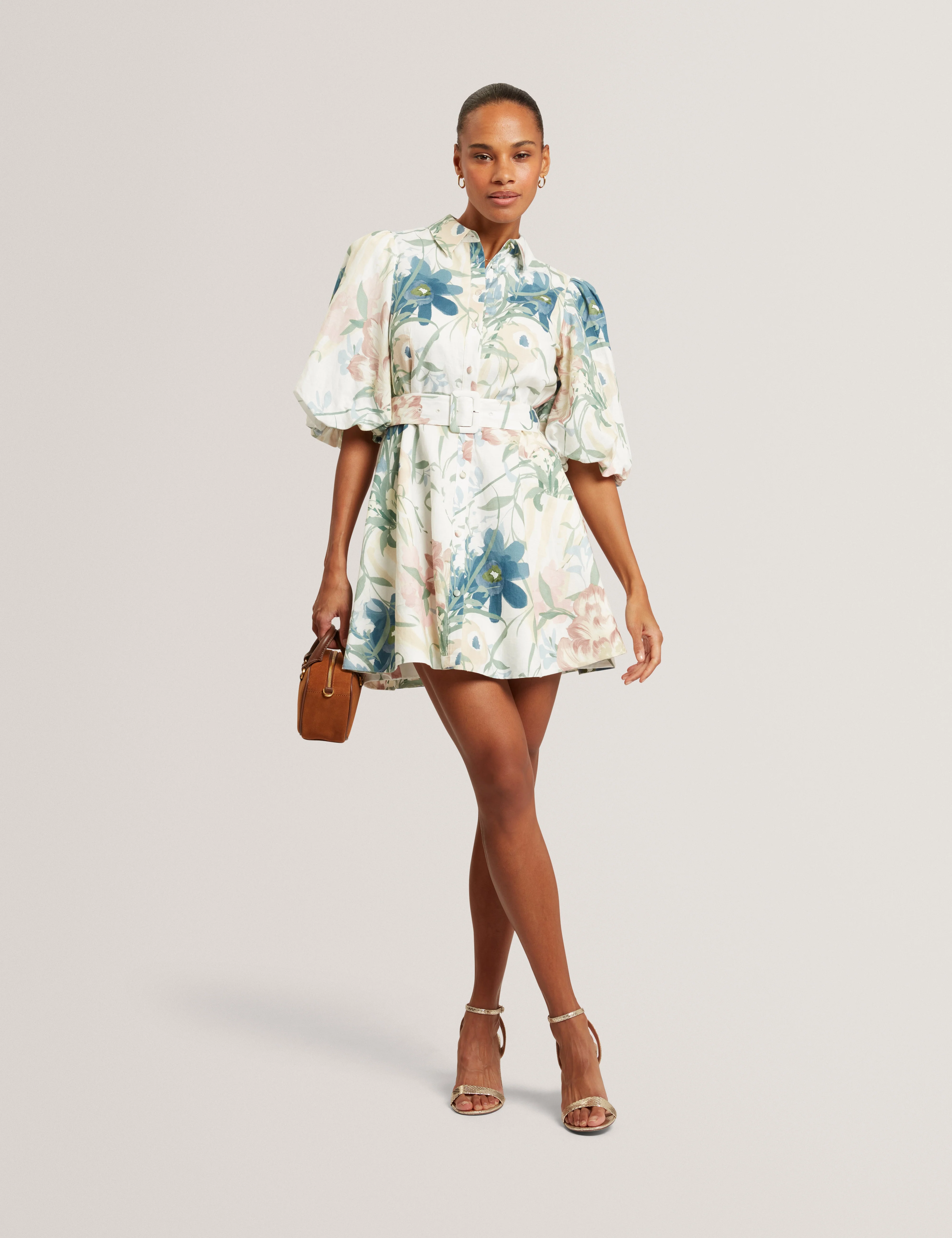 Olliiv Puff Sleeve Printed Mini Shirt Dress Ivory