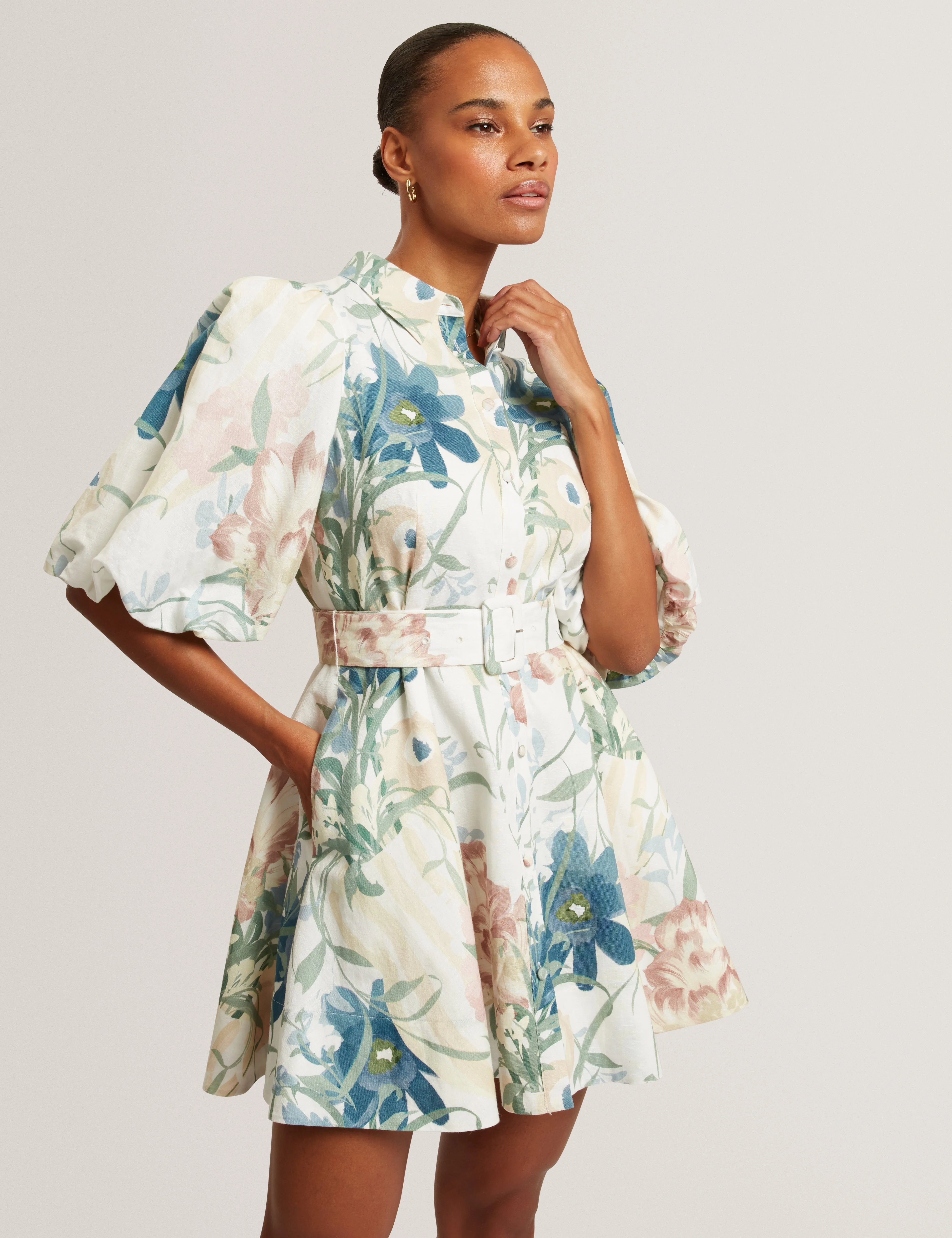 Olliiv Puff Sleeve Printed Mini Shirt Dress Ivory - Image 2