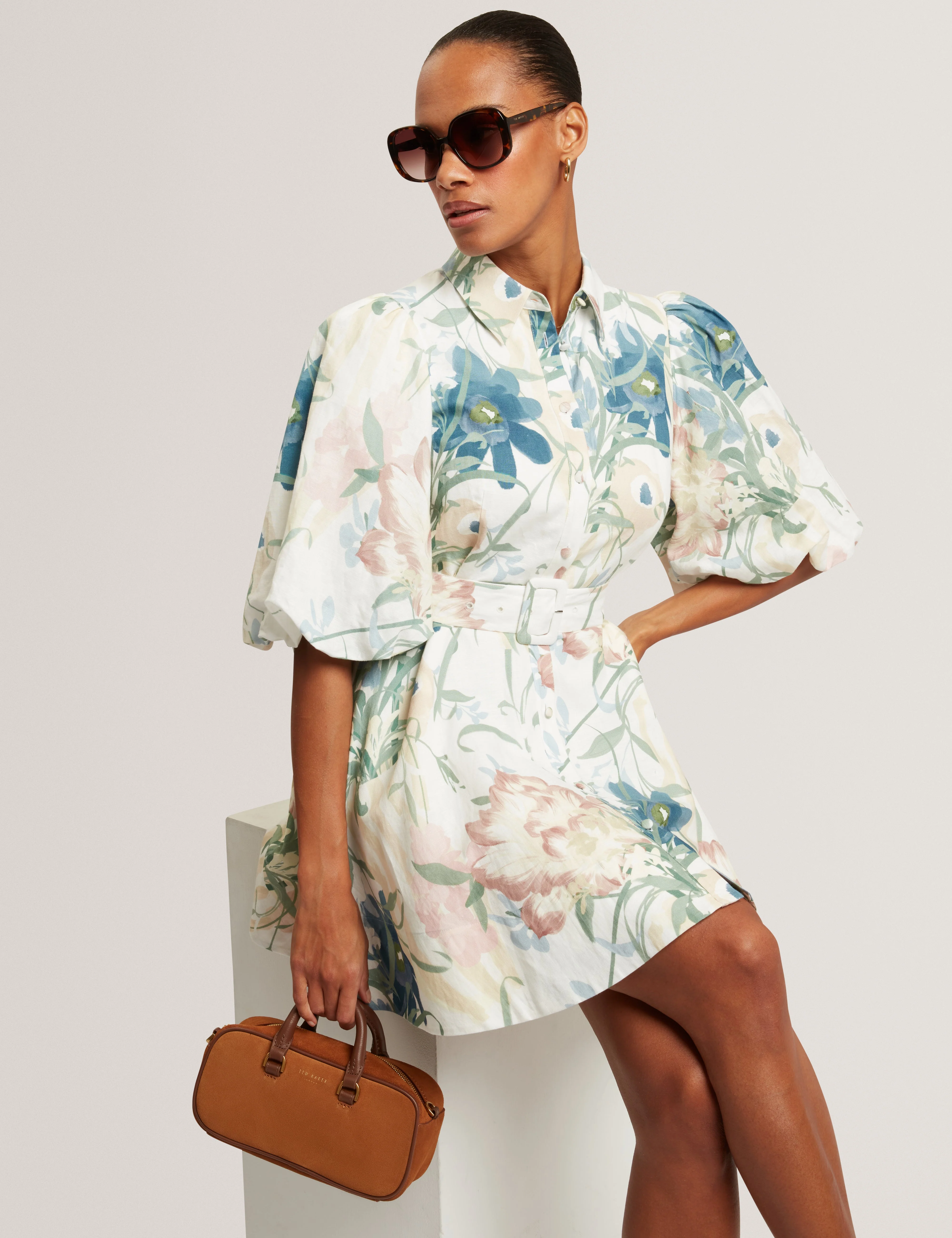 Olliiv Puff Sleeve Printed Mini Shirt Dress Ivory - Image 6