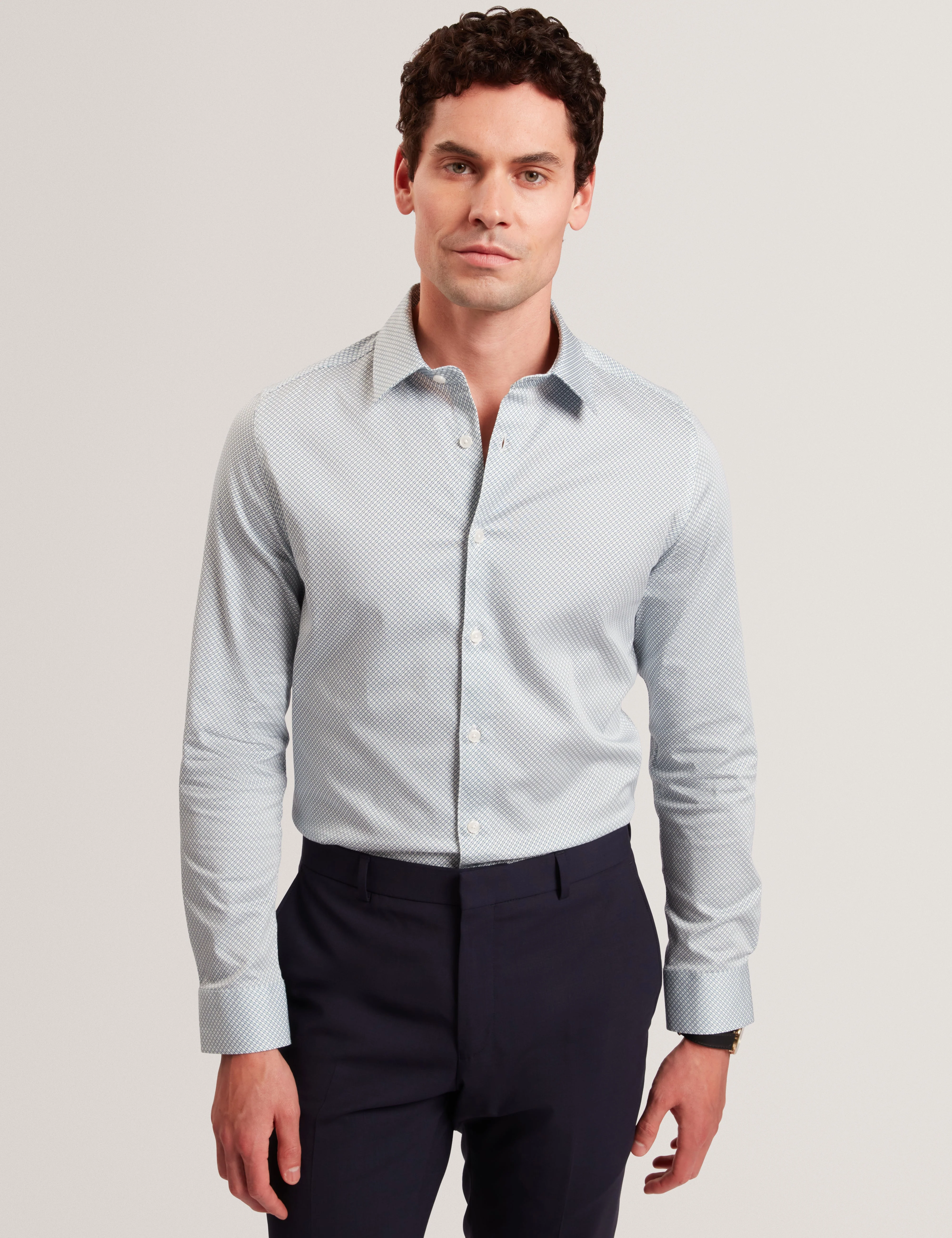 Olweno Long Sleeve Slim Fit Geo Print Shirt Lt-Blue