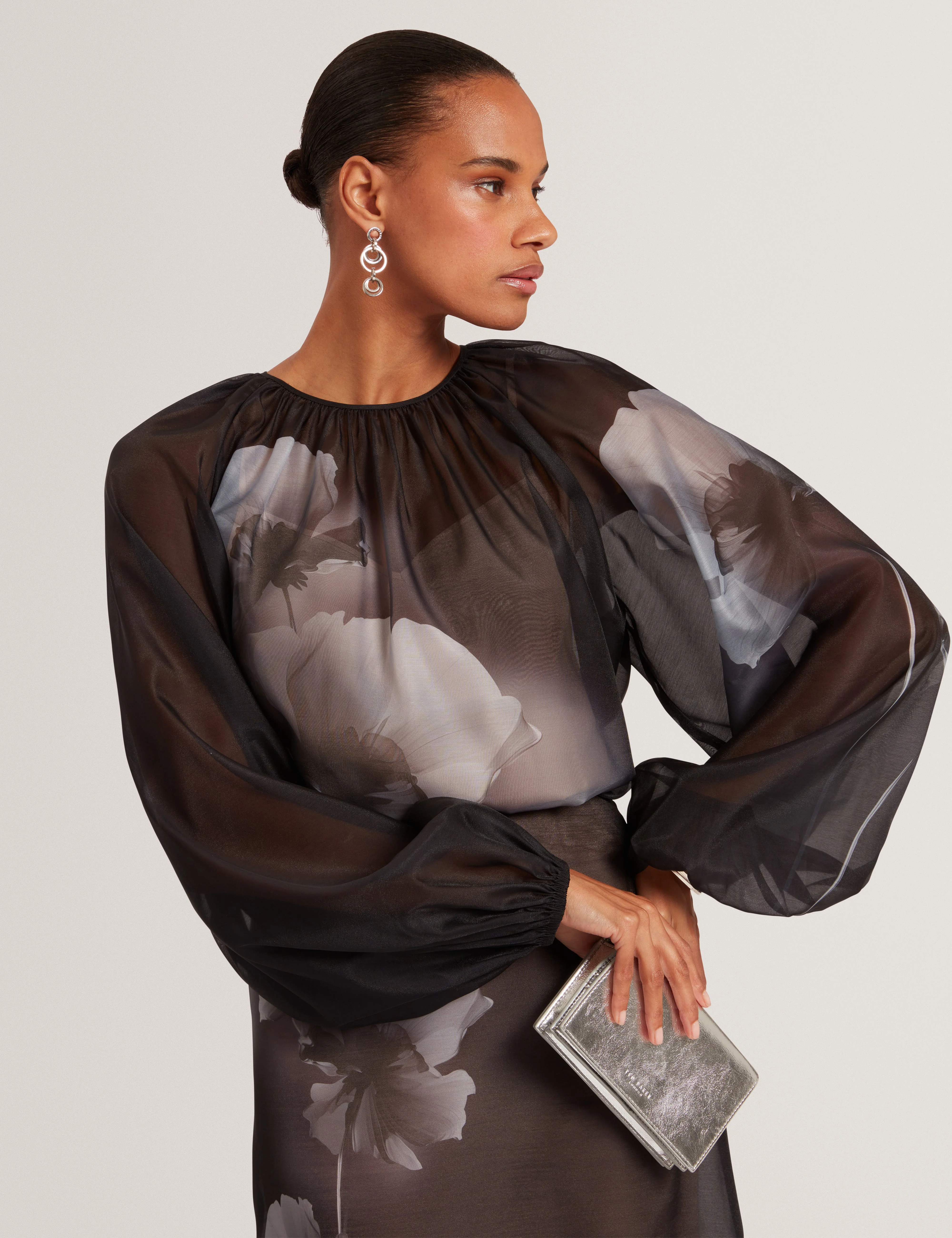 Plaaza Puff Sleeve Blouse With Organza Overlay Black