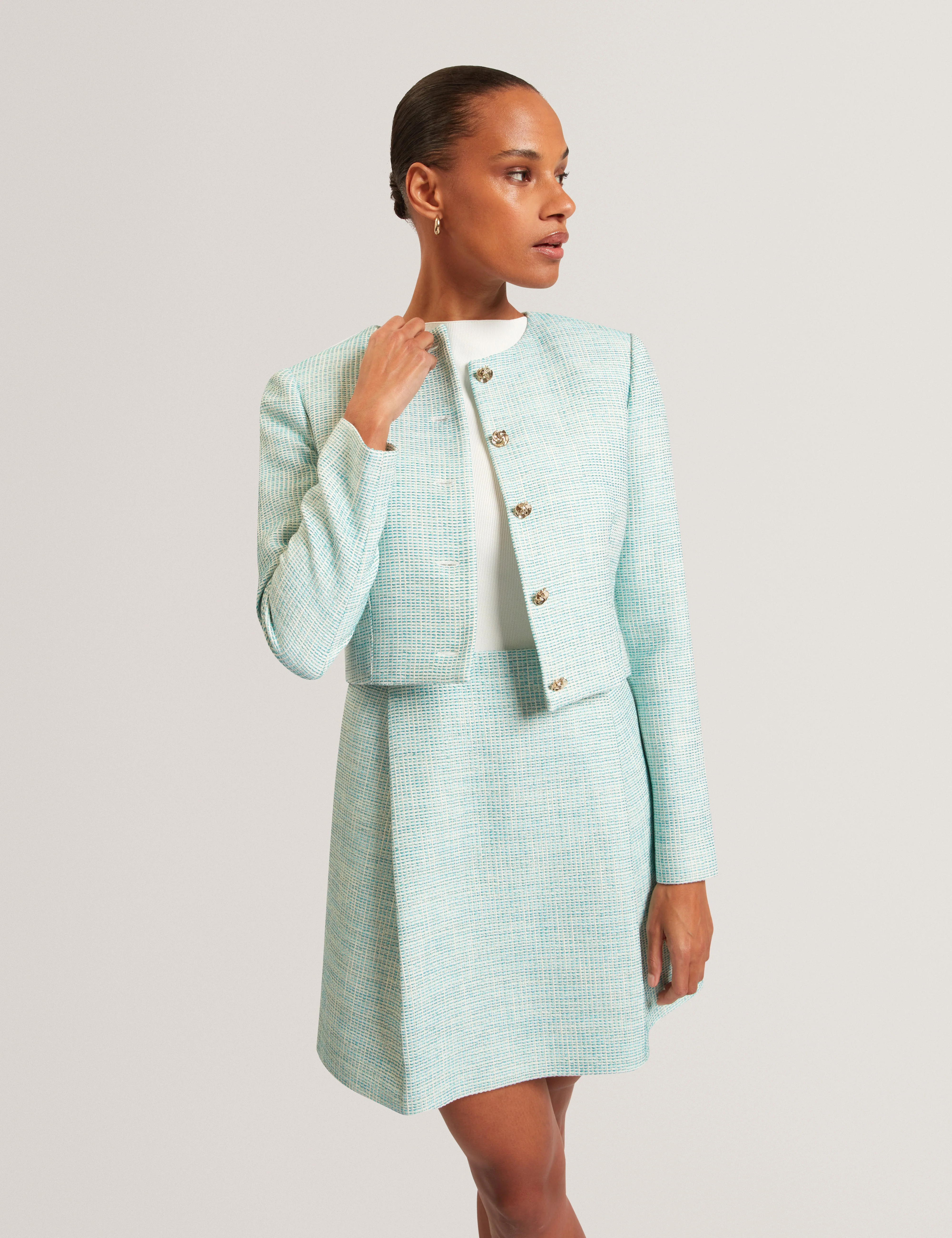 Previa Cropped Tailored Boucle Jacket Mid-Green - Image 4