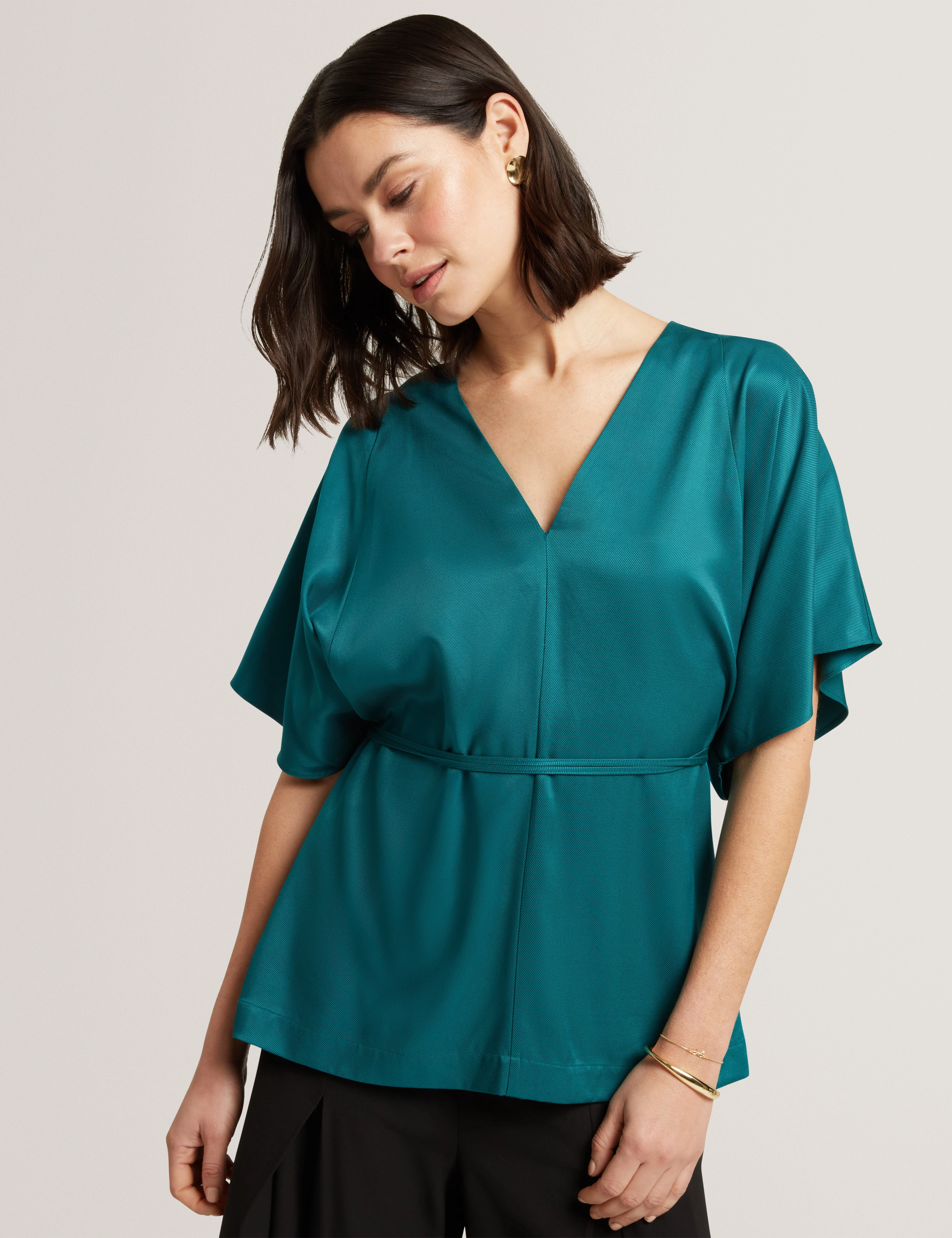 Riiza Tie Detail Short Sleeve Shirt Teal-Blue