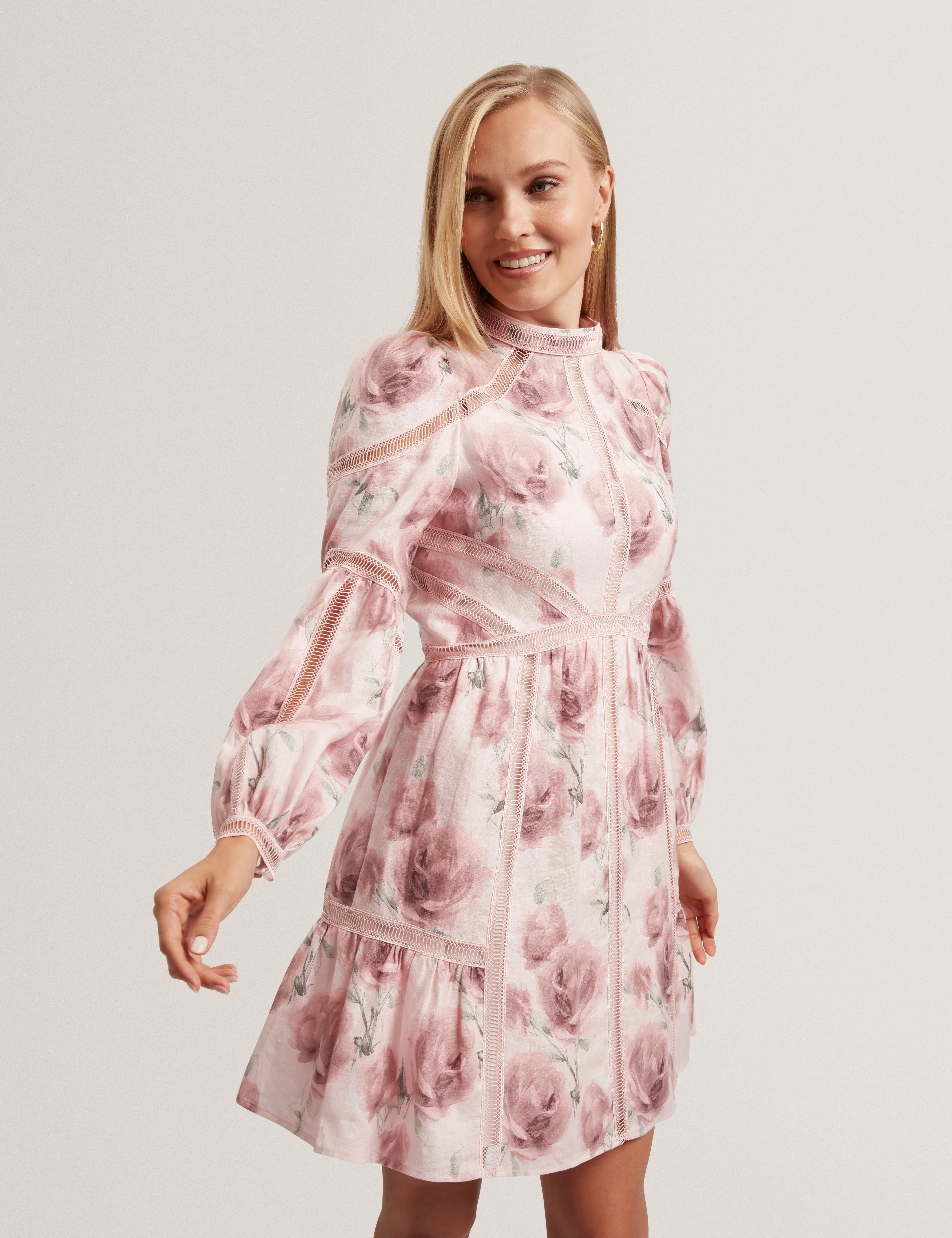 Rolaa Long Sleeve Floral Printed Mini Dress Pink - Image 5