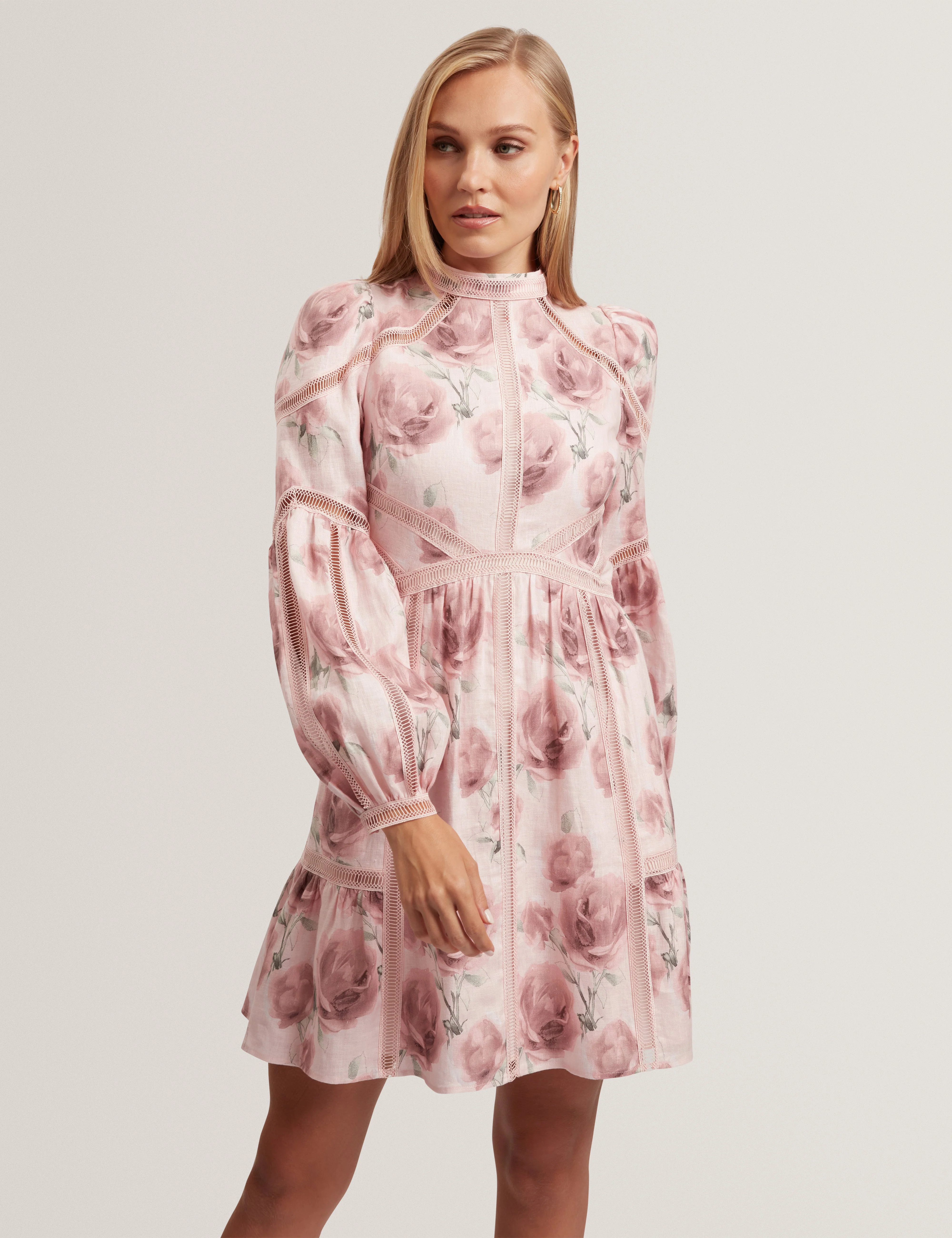 Rolaa Long Sleeve Floral Printed Mini Dress Pink - Image 7