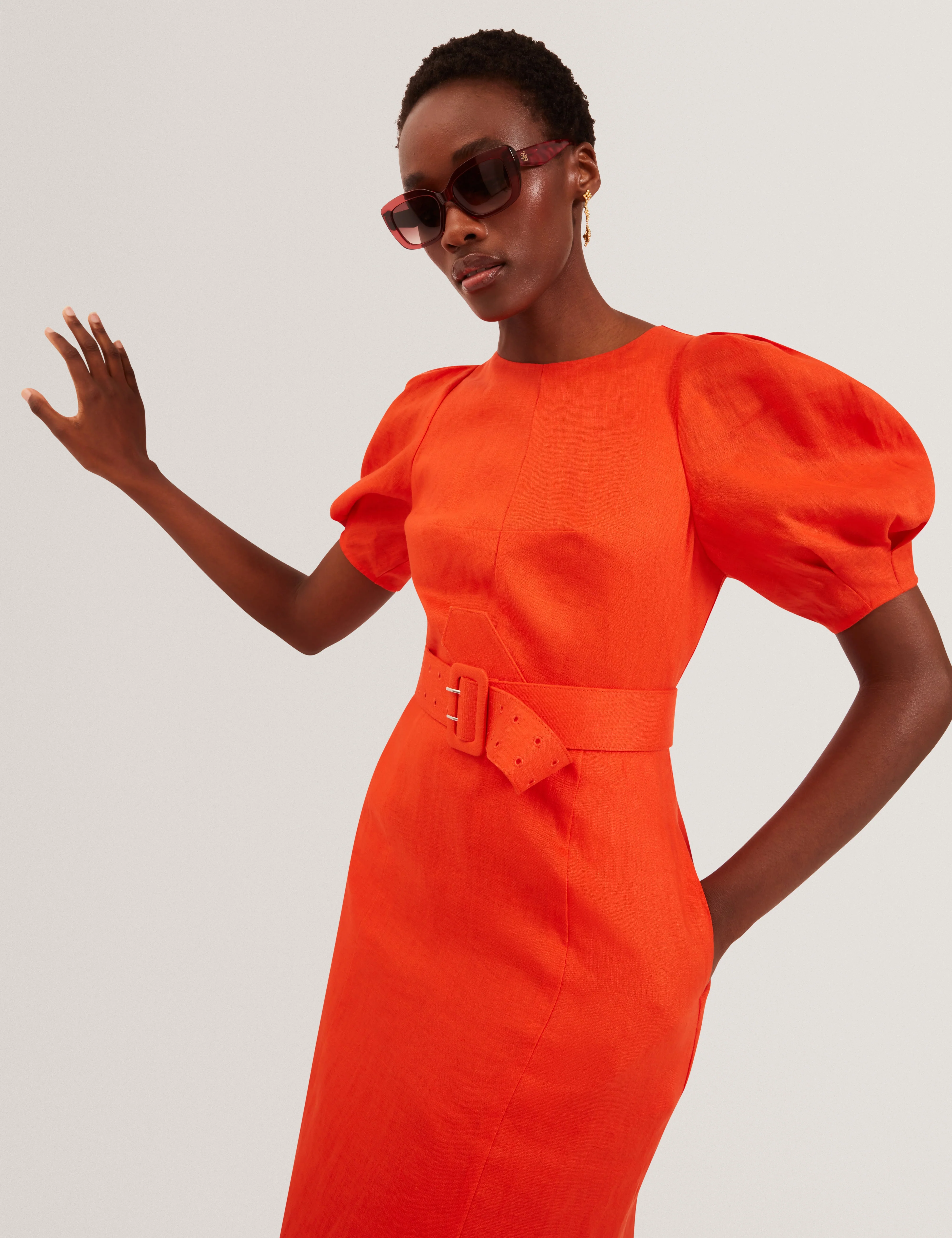 Rumbee Belted Puff Sleeve Midi Dress Orange - Image 3