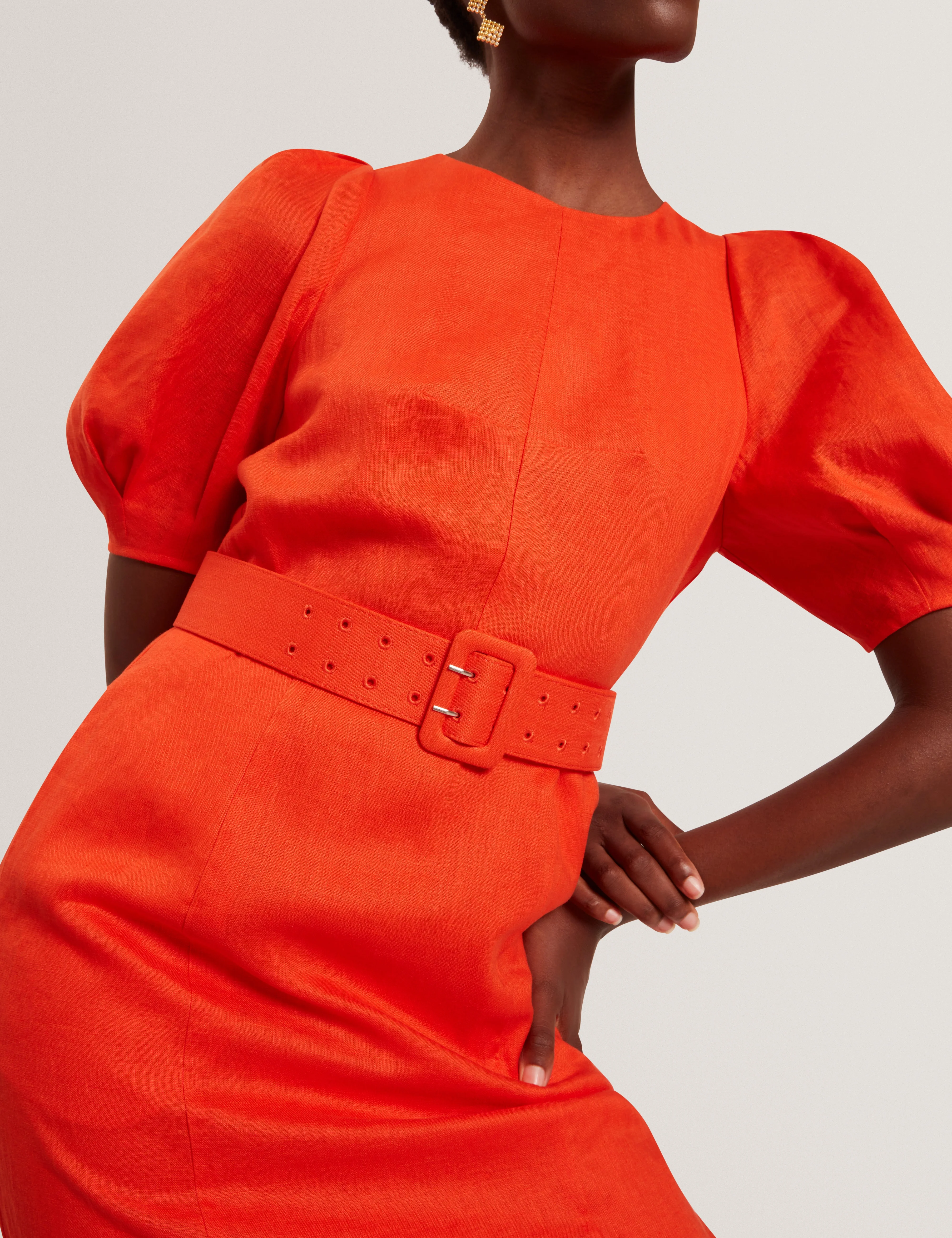 Rumbee Belted Puff Sleeve Midi Dress Orange - Image 5