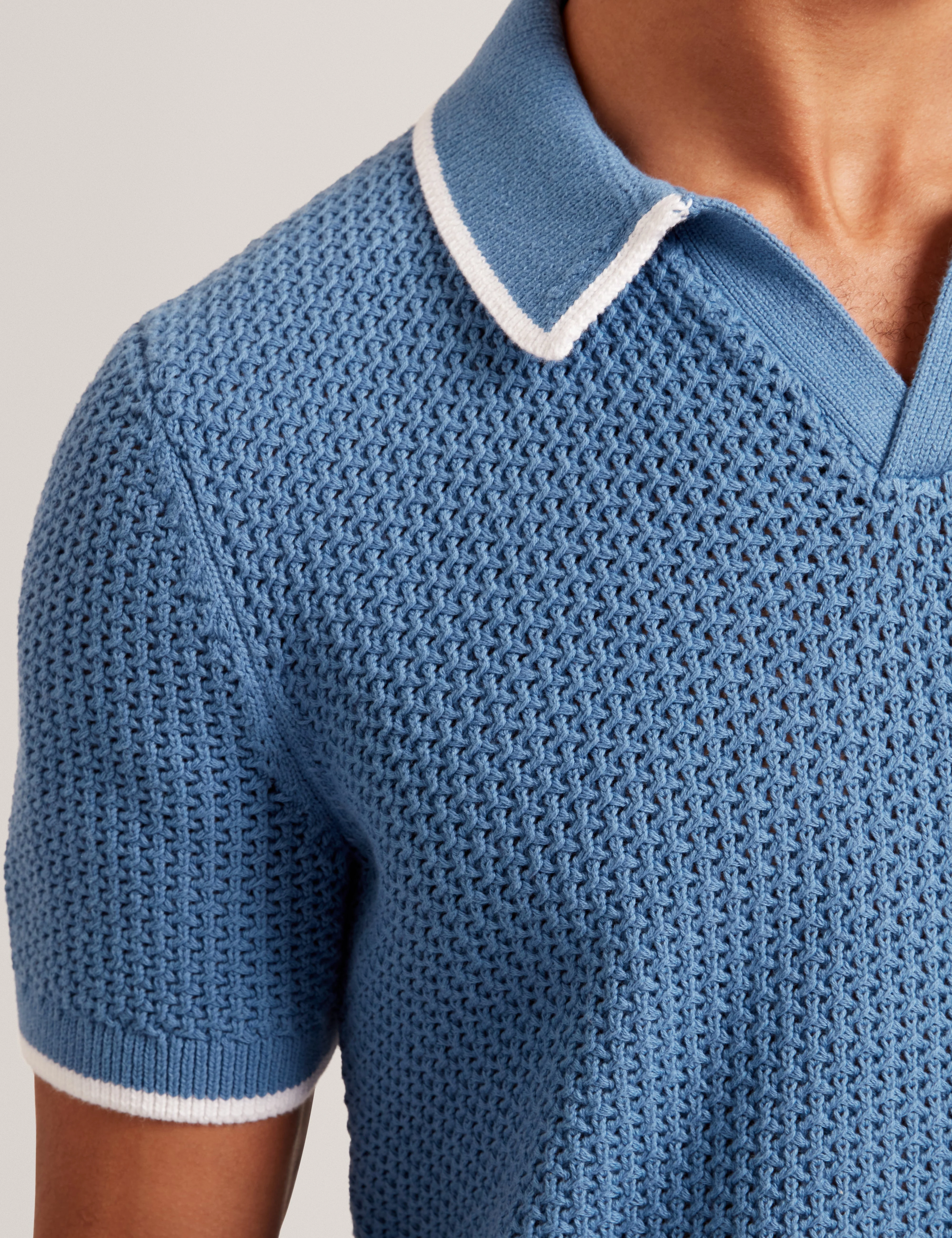 Sachair Short Sleeve Waffle Stitch Open Neck Polo Lt-Blue - Image 6