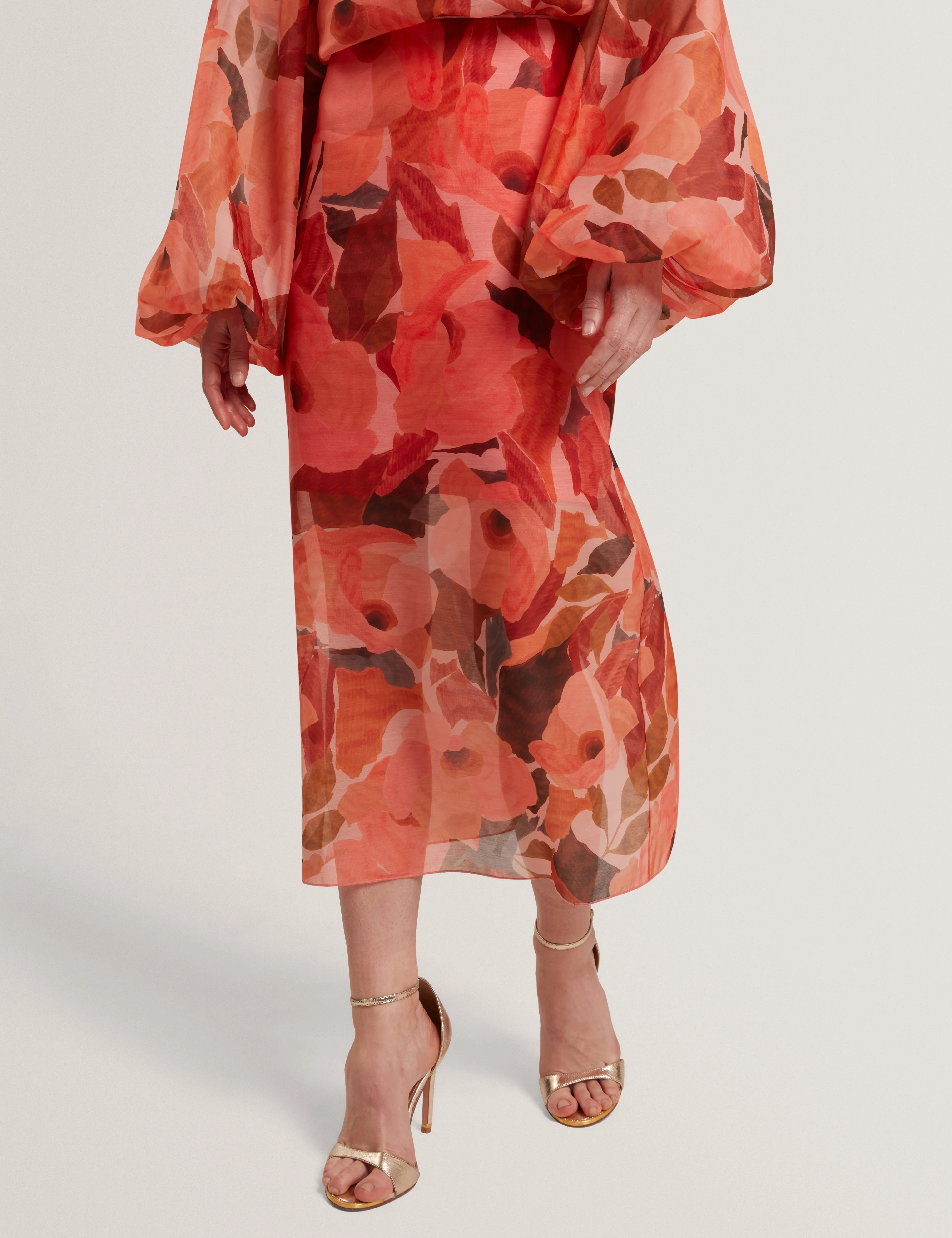 Saemie Printed Organza Overlay Midi Skirt Coral - Image 2