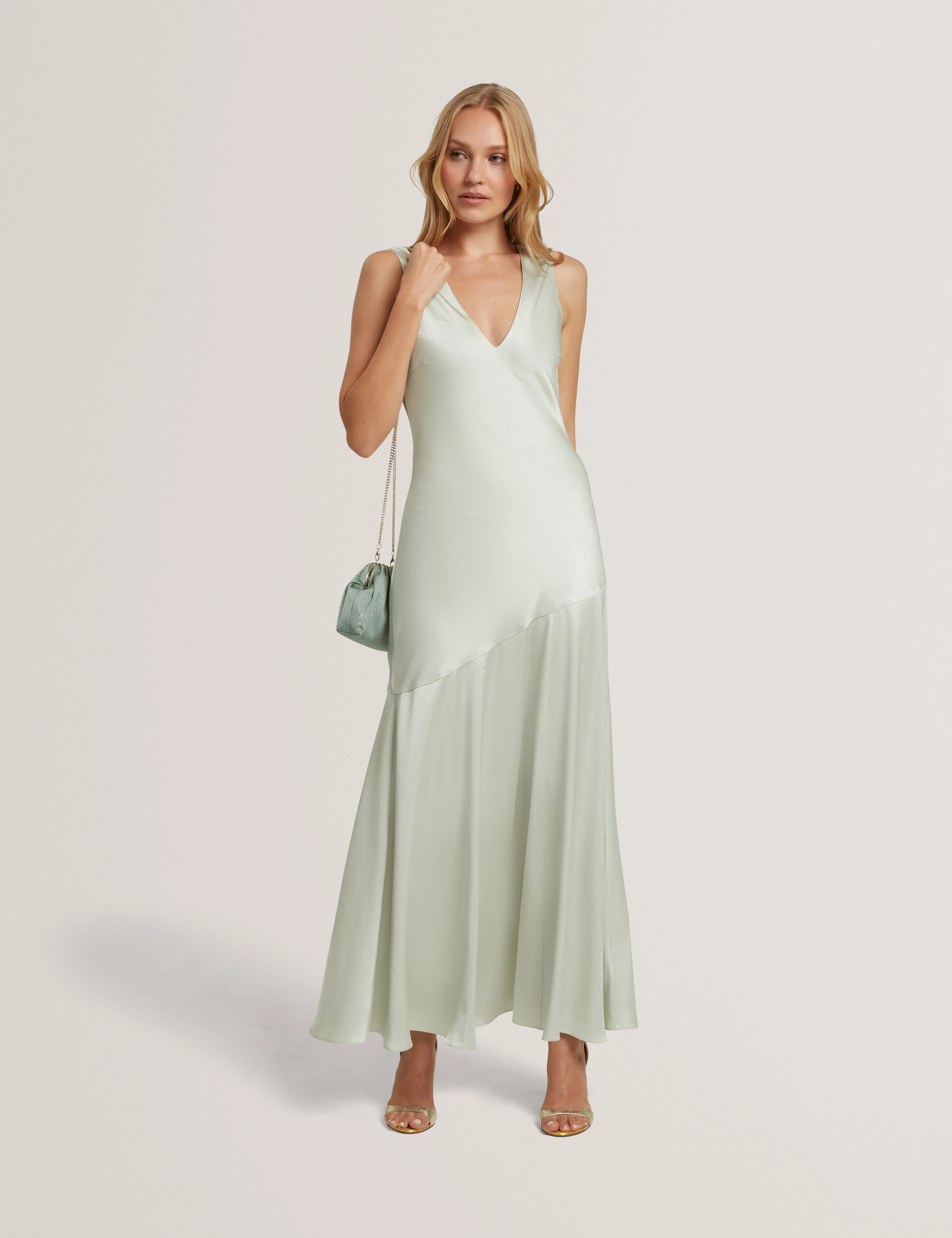 Sanari V Neck Maxi Dress With Diagonal Seam Mid-Green