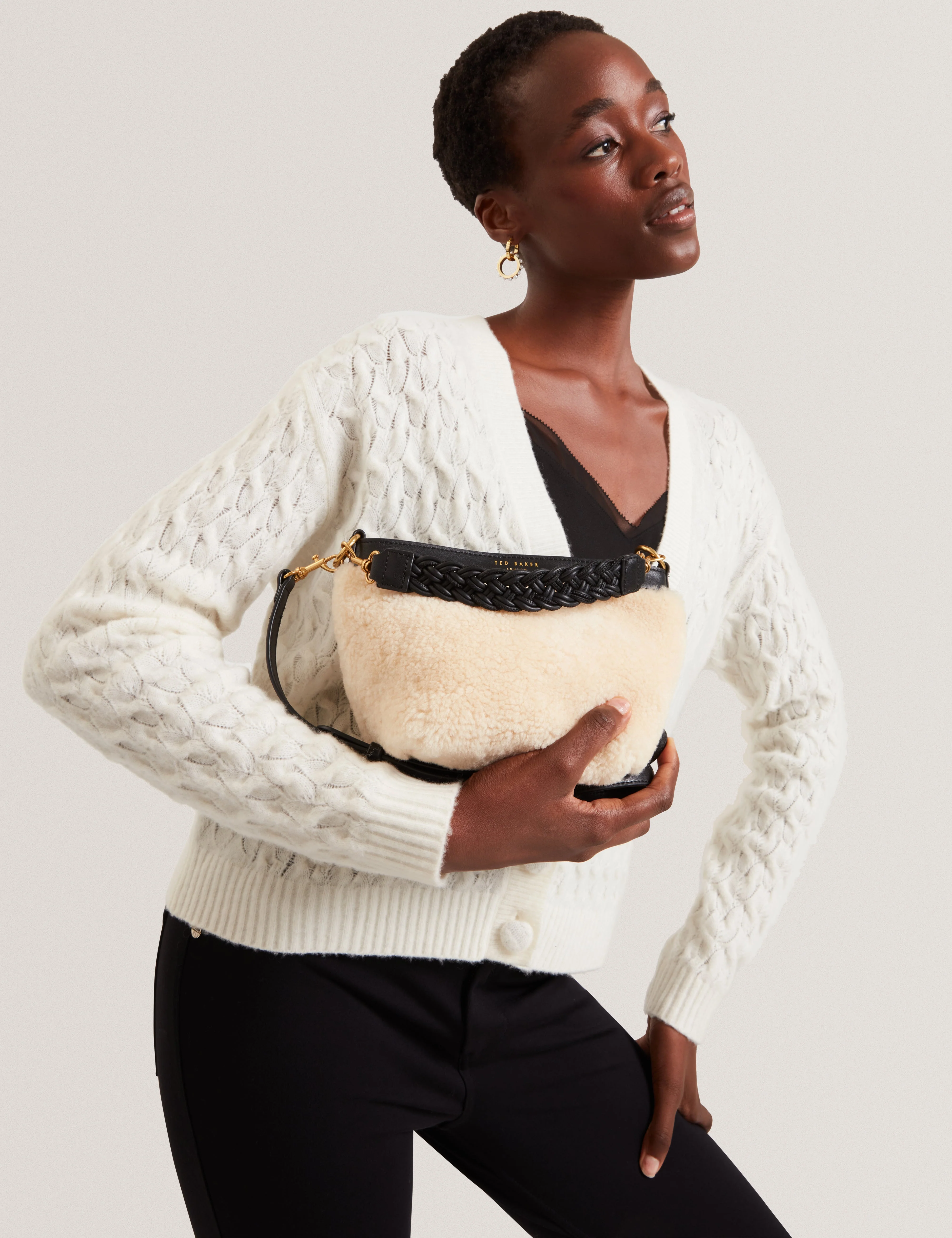 Sherbaa Shearling Leather Weave Handle Crossbody Black - Image 2