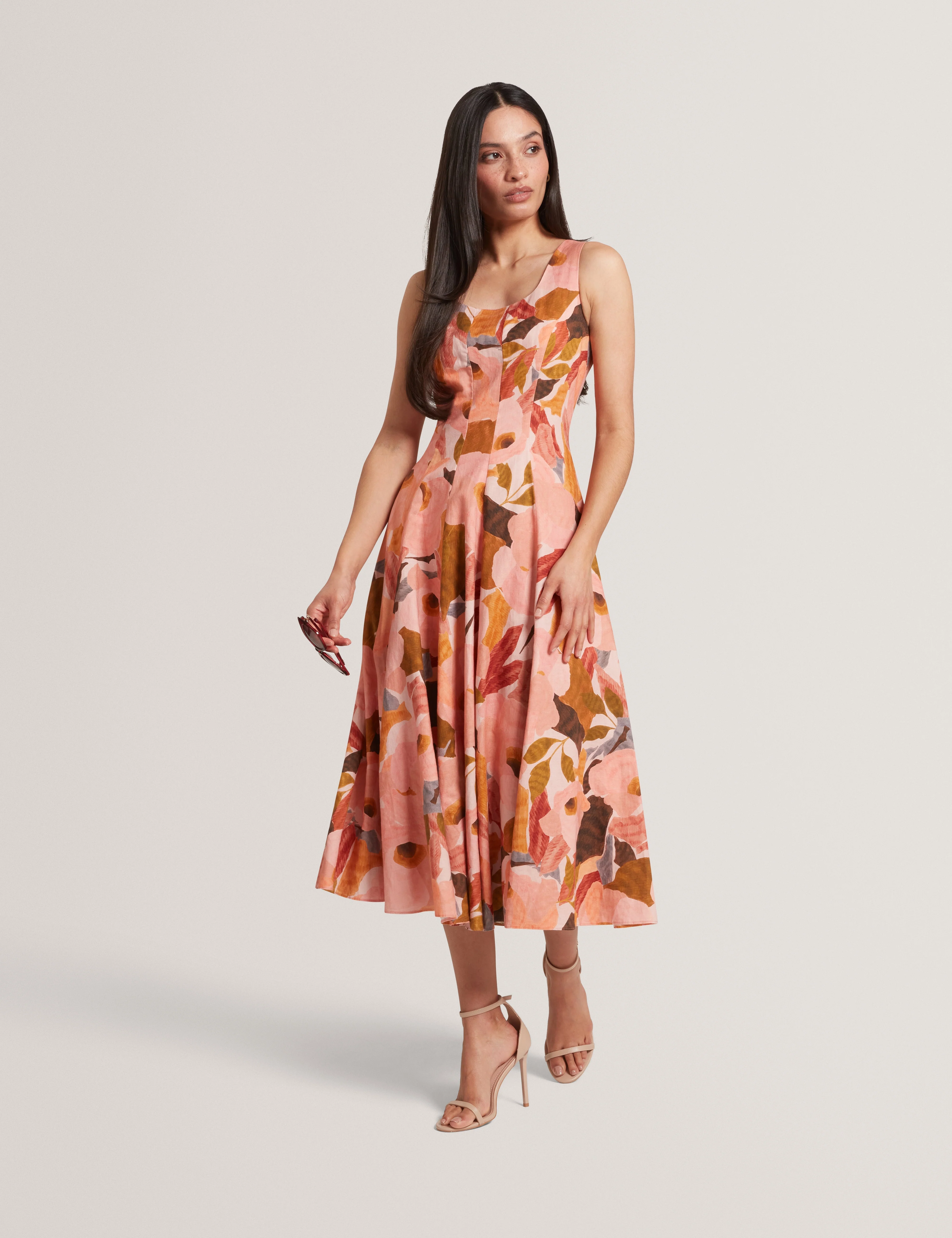 Shivana Printed Linen Blend Midi Dress Coral