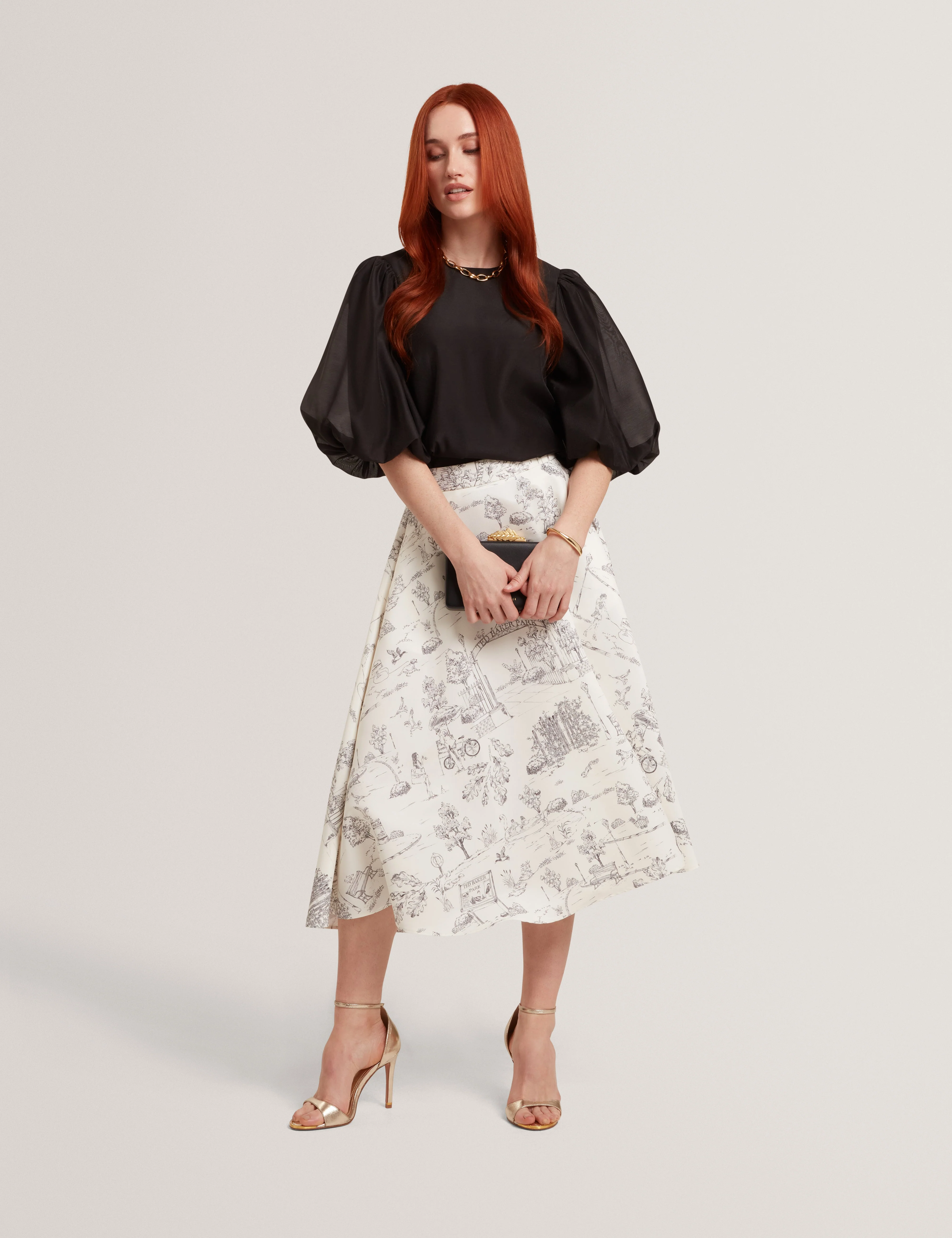 Skania Printed Ottoman Midi Skirt Ivory