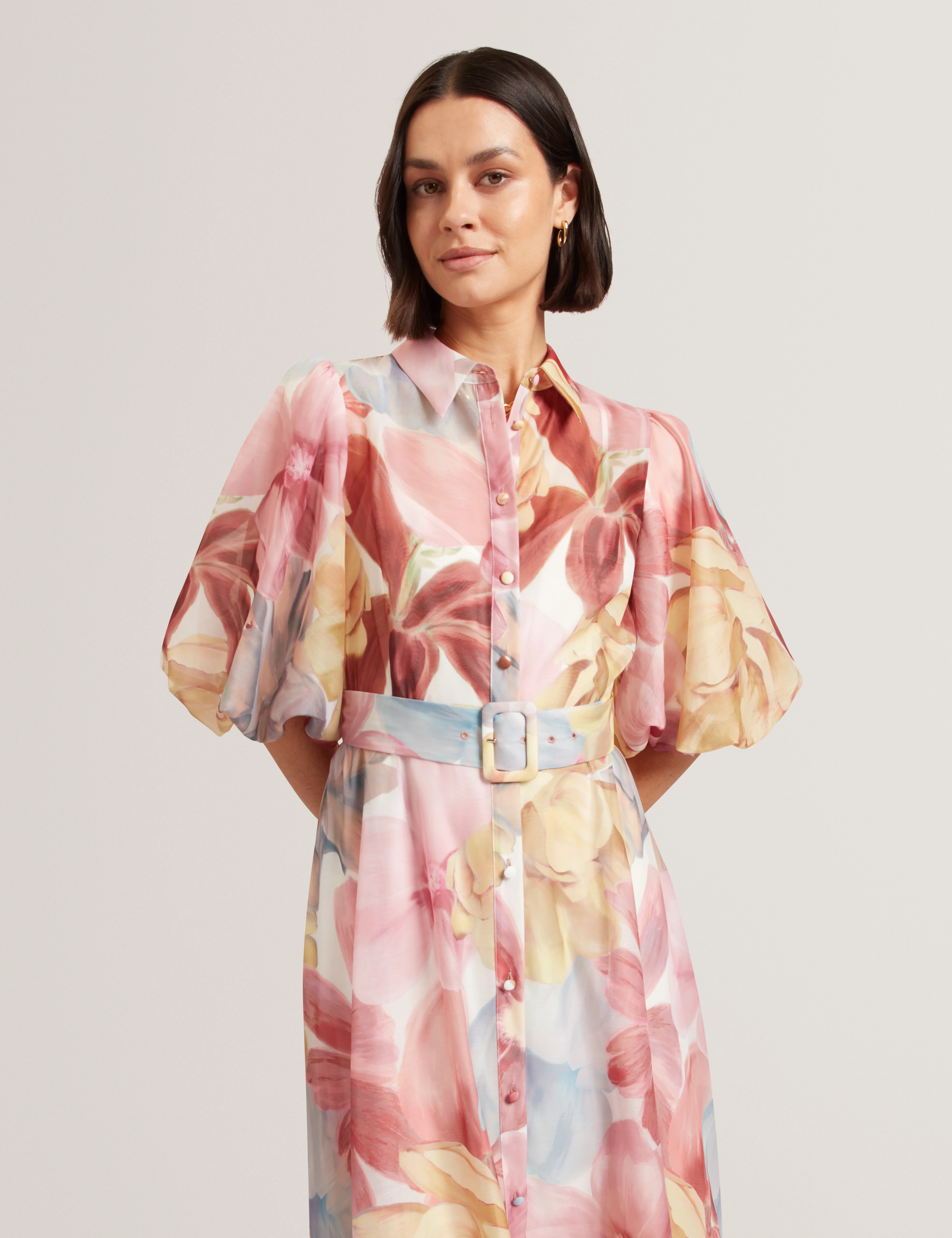 Solinee Puff Sleeve Floral Printed Midi Shirt Dress Ivory - Image 2