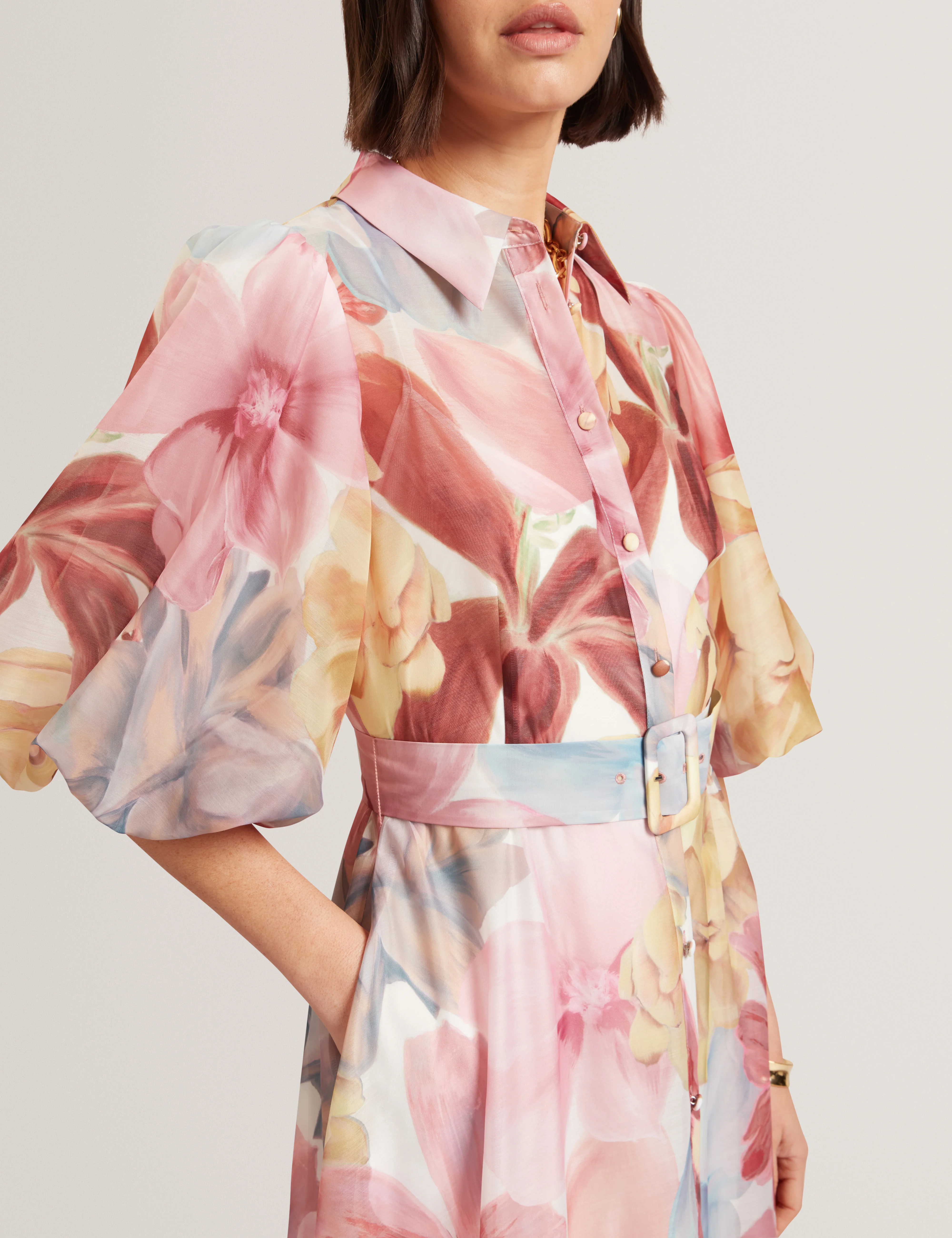 Solinee Puff Sleeve Floral Printed Midi Shirt Dress Ivory - Image 3