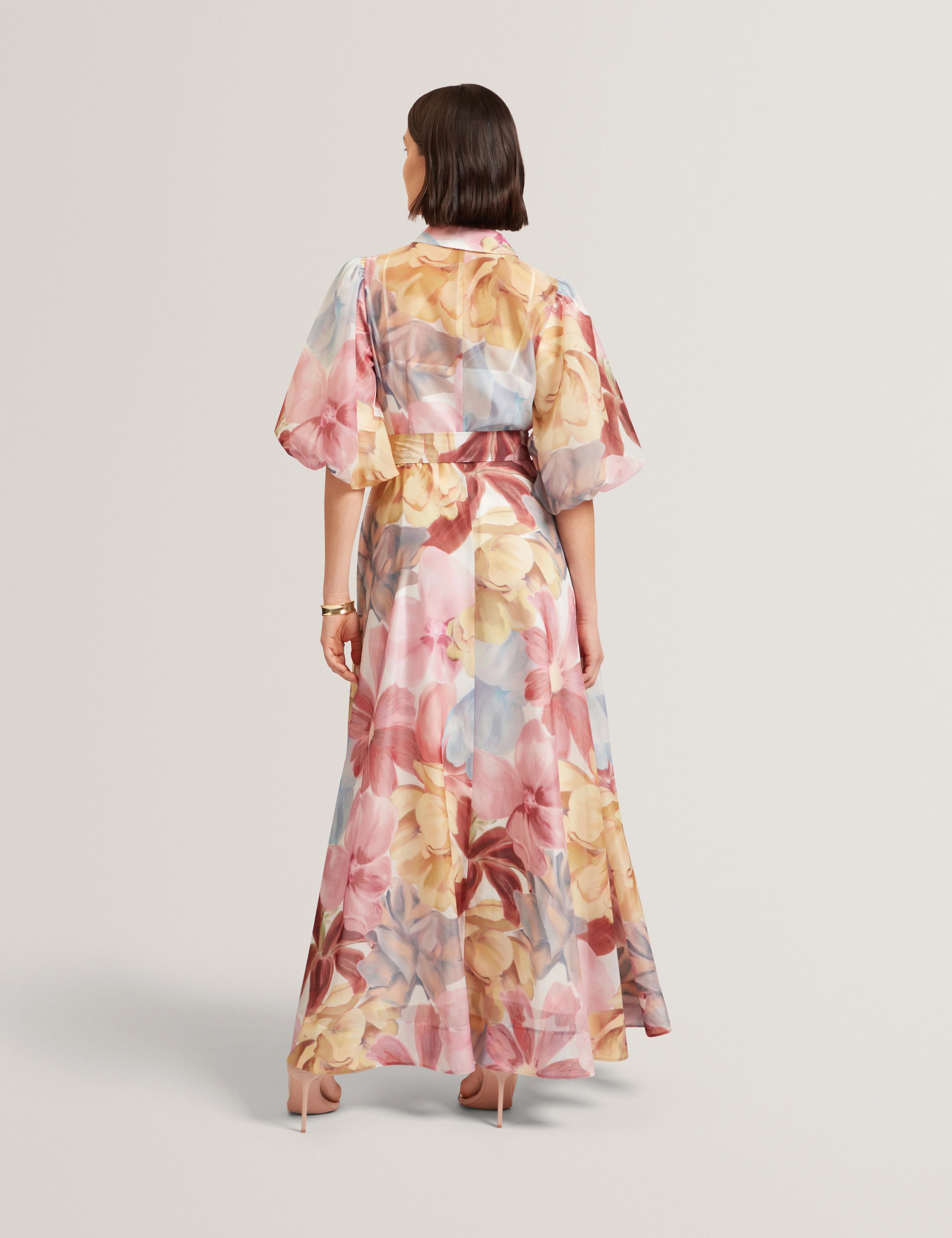 Solinee Puff Sleeve Floral Printed Midi Shirt Dress Ivory - Image 4
