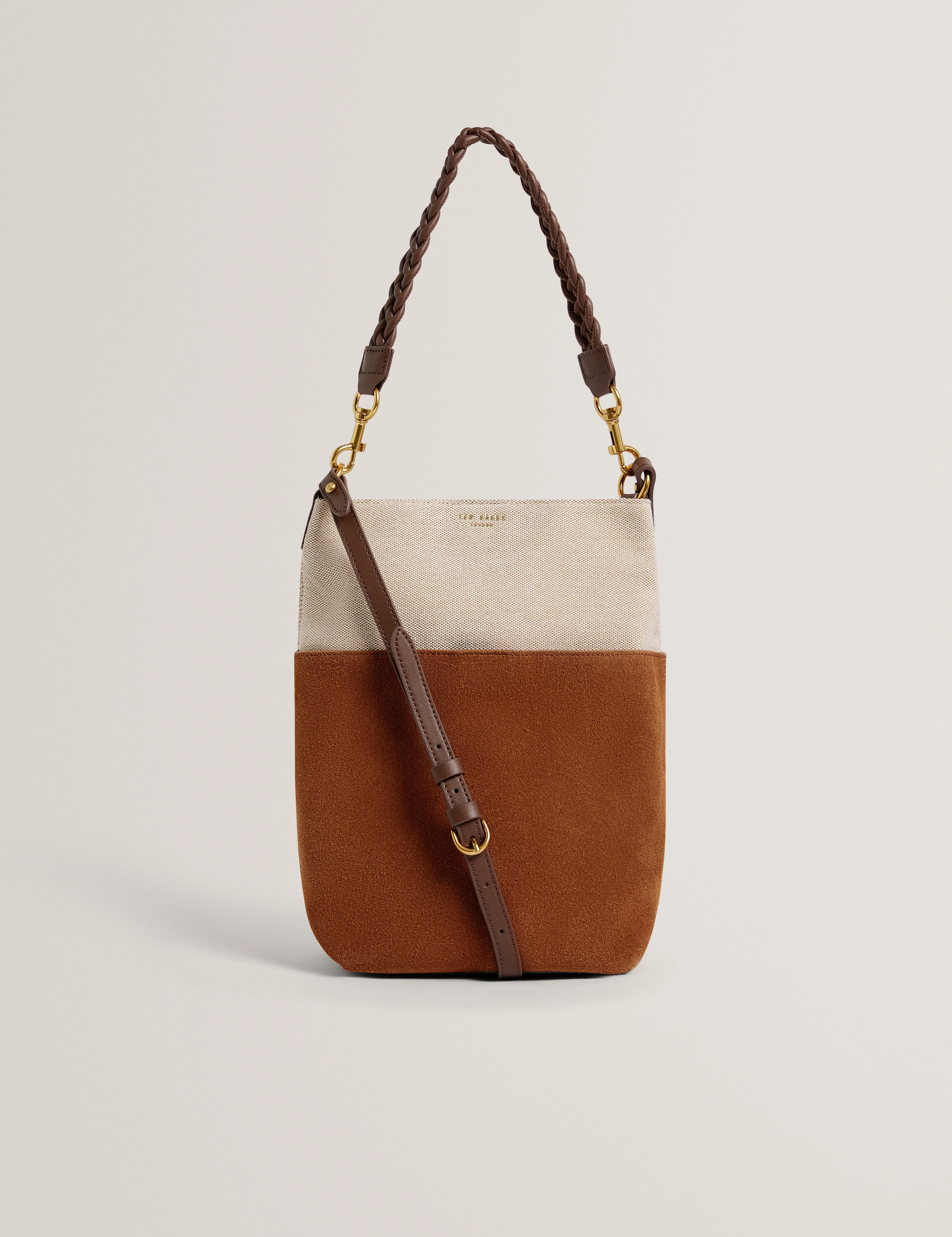 Sorien Woven Handle Medium Bucket Bag Tan