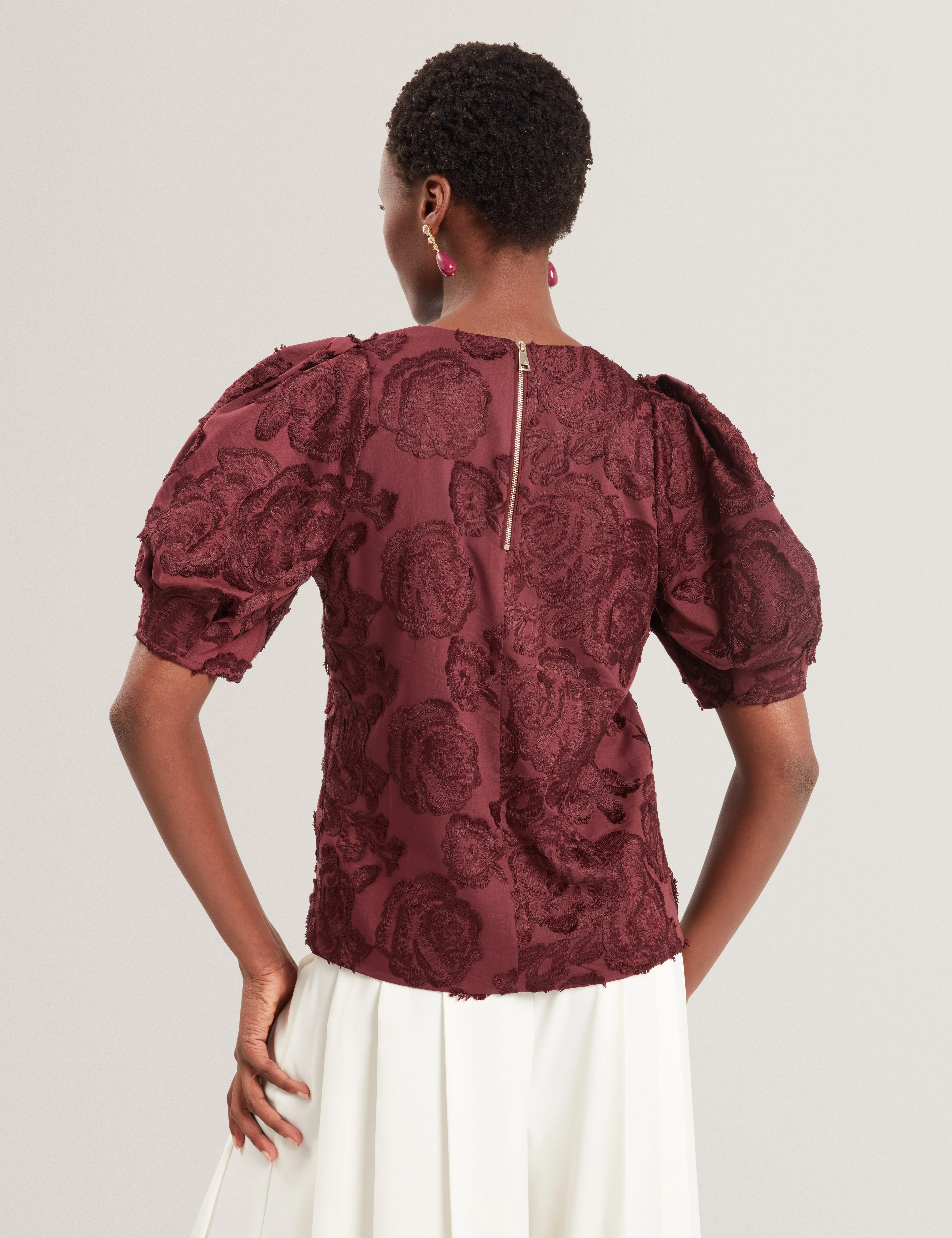 Teodori Puff Sleeve Textured Rose Top Oxblood - Image 2