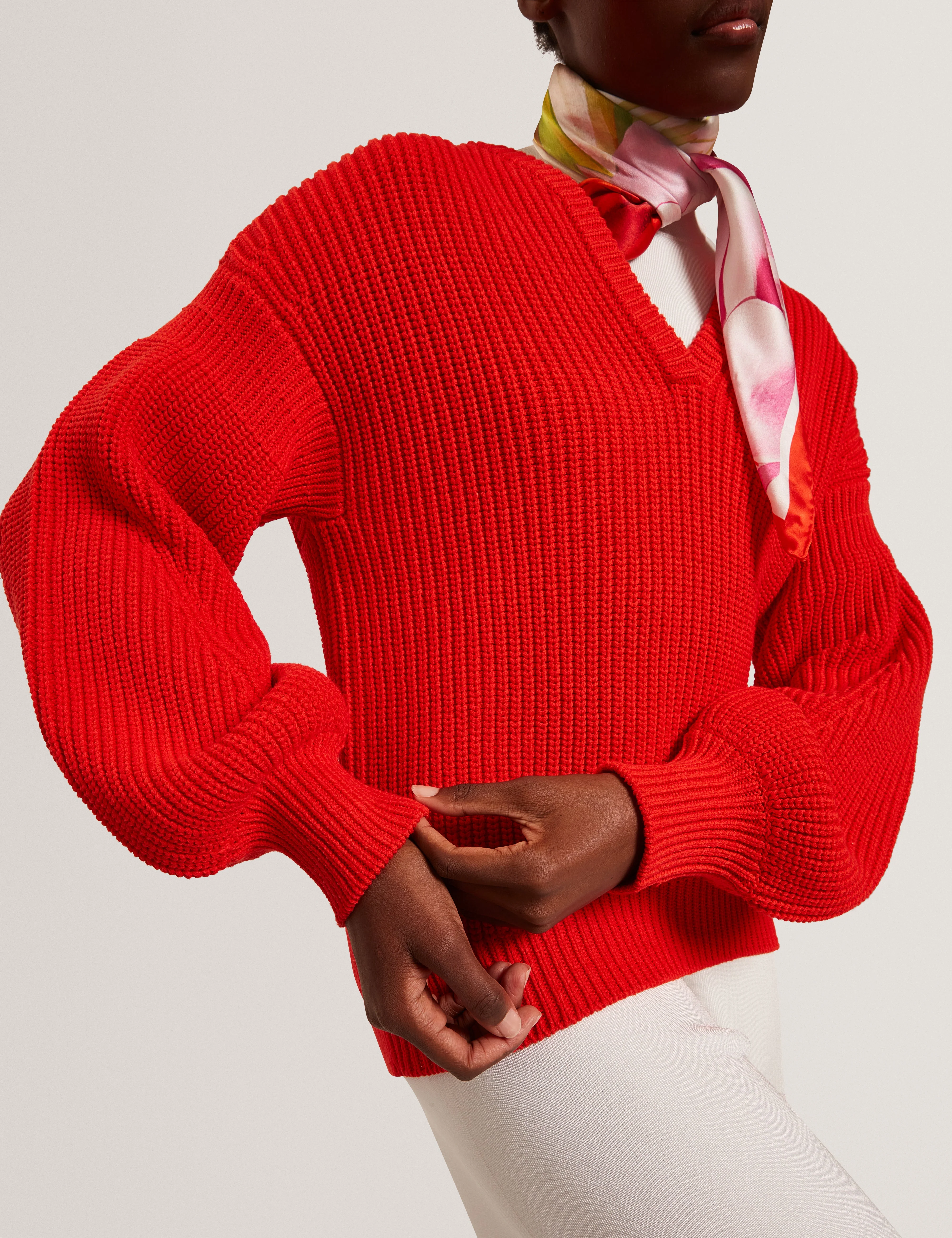 Velmee Cotton Blend V Neck Sweater Red - Image 4