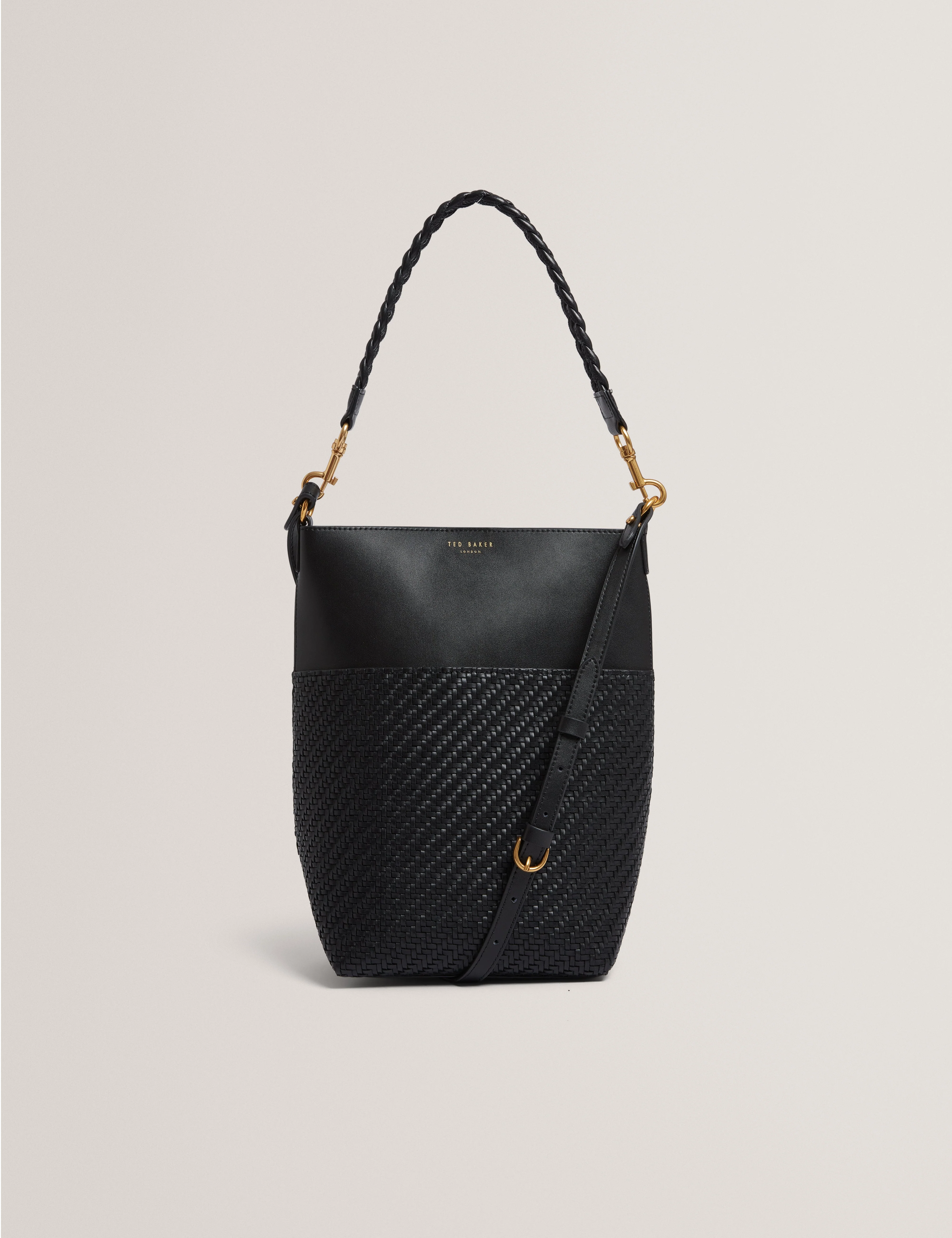 Wyynie Elongated Woven Handle Leather Bucket Ba Black