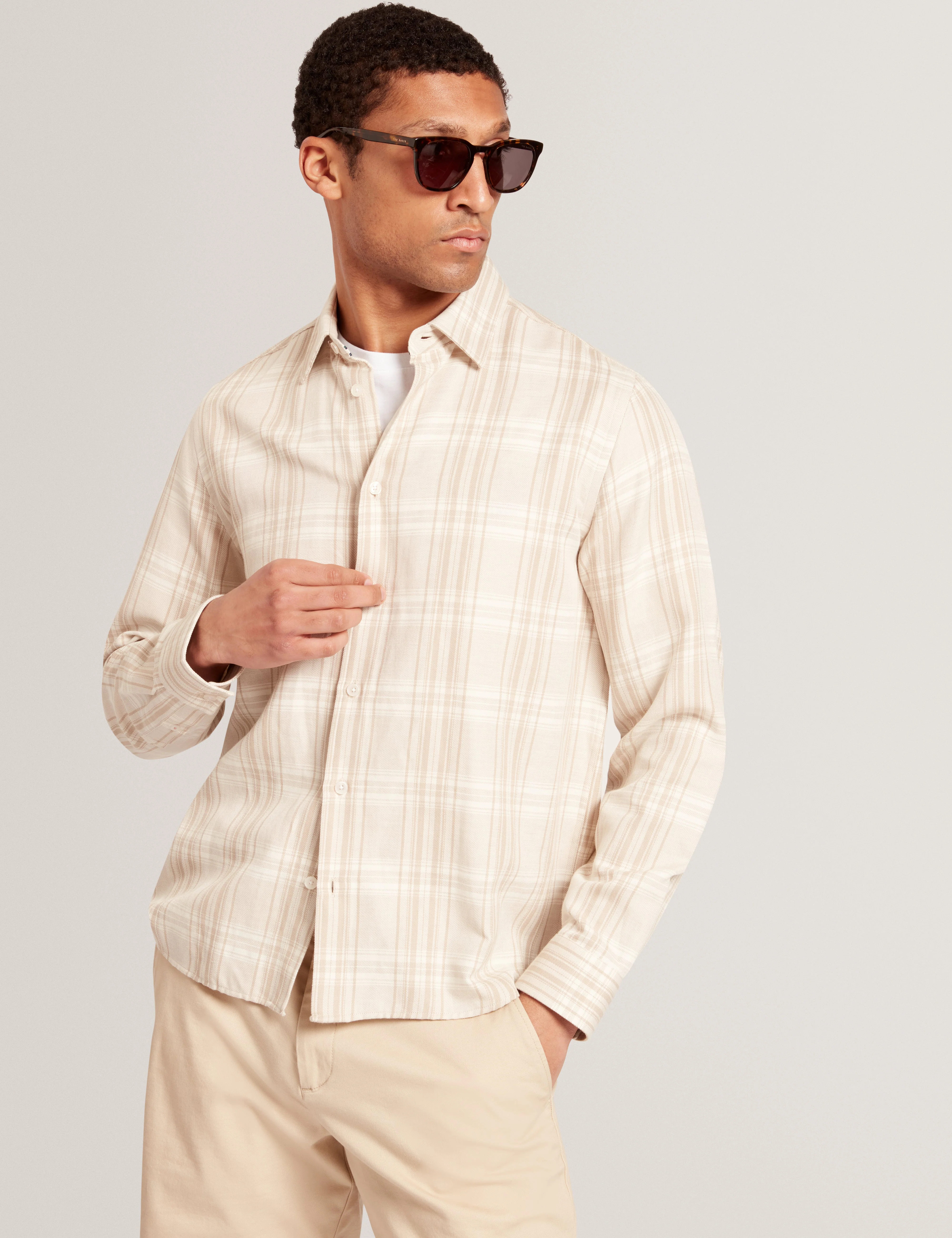 Zeuso Long Sleeve Linen Blend Oversized Check Shirt Taupe