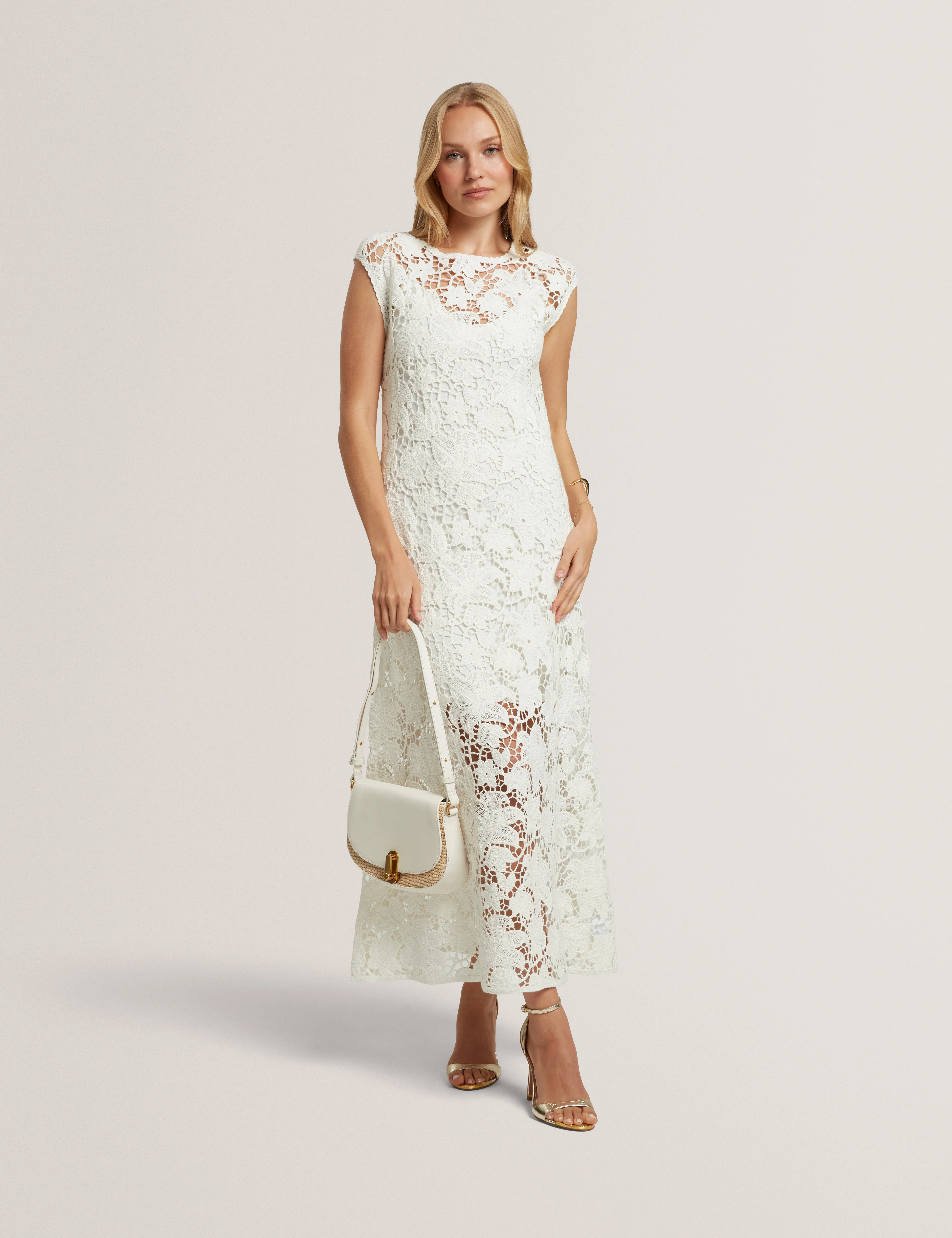 Zinha Crochet Knit Midi Dress Ivory